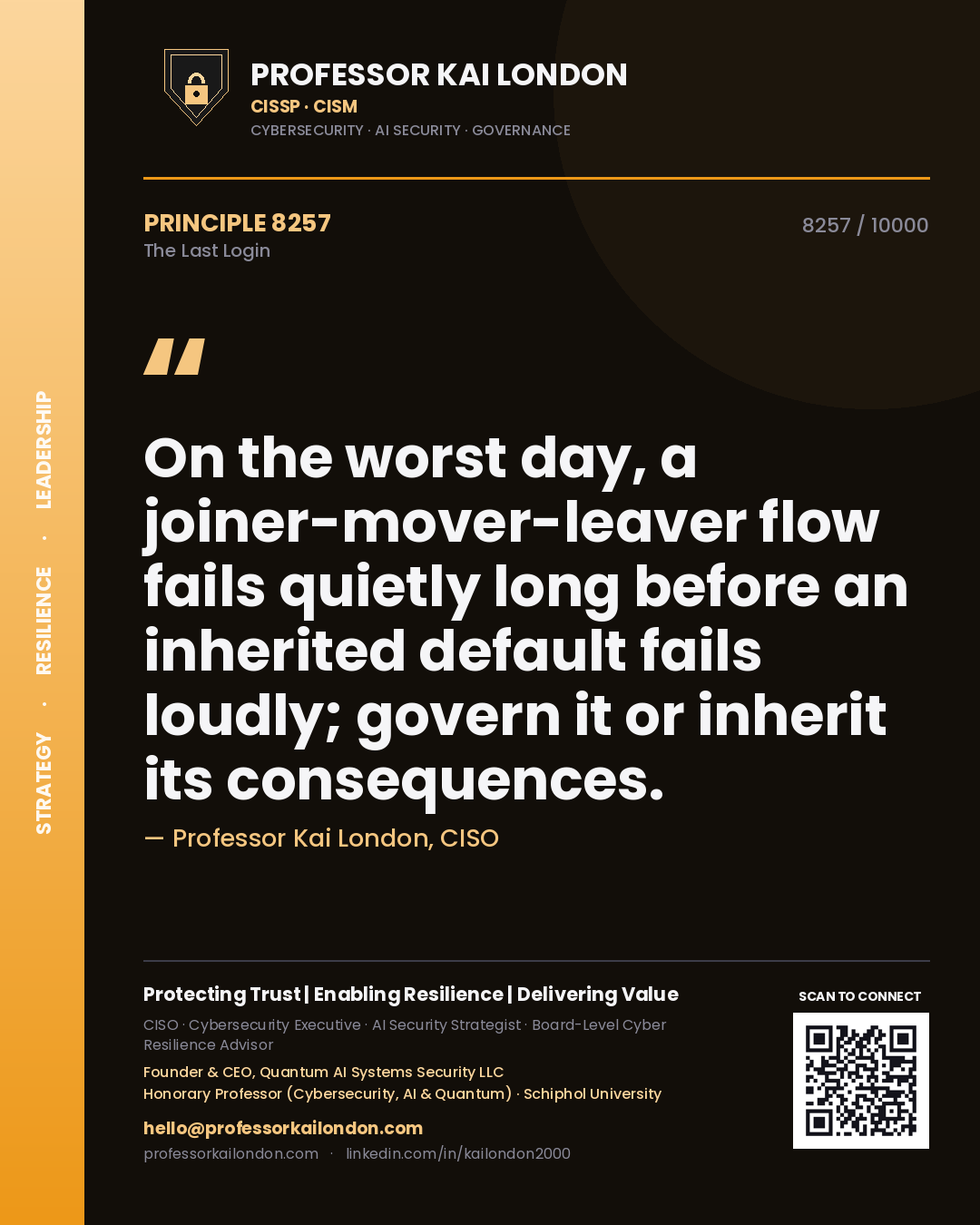 Quote card by Professor Kai London reading 'On the worst day, a joiner-mover-leaver flow fails quietly long before an inherited default fails loudly; govern it or inherit its consequences.'. From the book The Last Login.