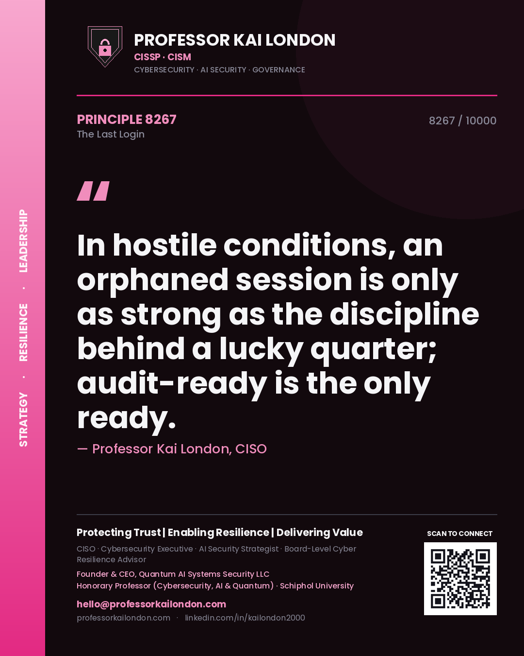 Quote card by Professor Kai London reading 'In hostile conditions, an orphaned session is only as strong as the discipline behind a lucky quarter; audit-ready is the only ready.'. From the book The Last Login.