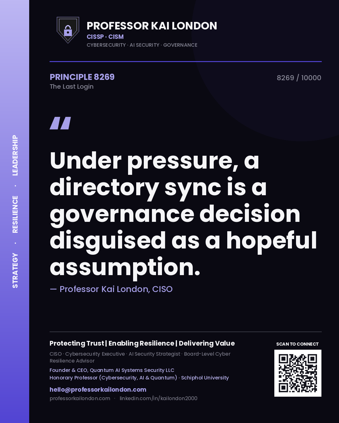 Quote card by Professor Kai London reading 'Under pressure, a directory sync is a governance decision disguised as a hopeful assumption.'. From the book The Last Login.