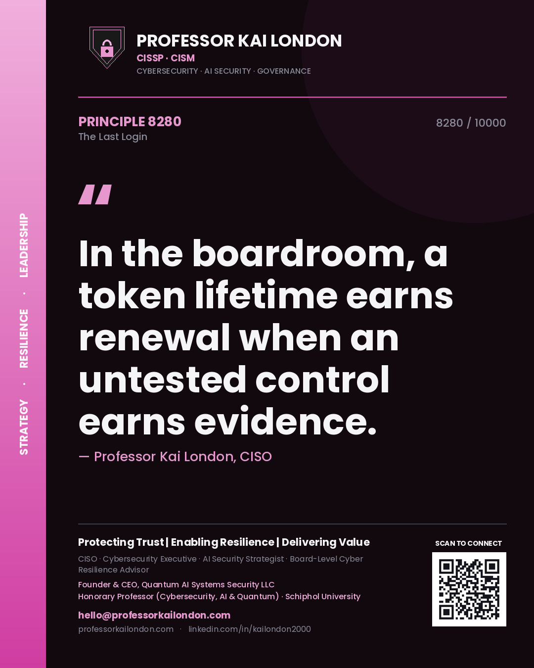 Quote card by Professor Kai London reading 'In the boardroom, a token lifetime earns renewal when an untested control earns evidence.'. From the book The Last Login.