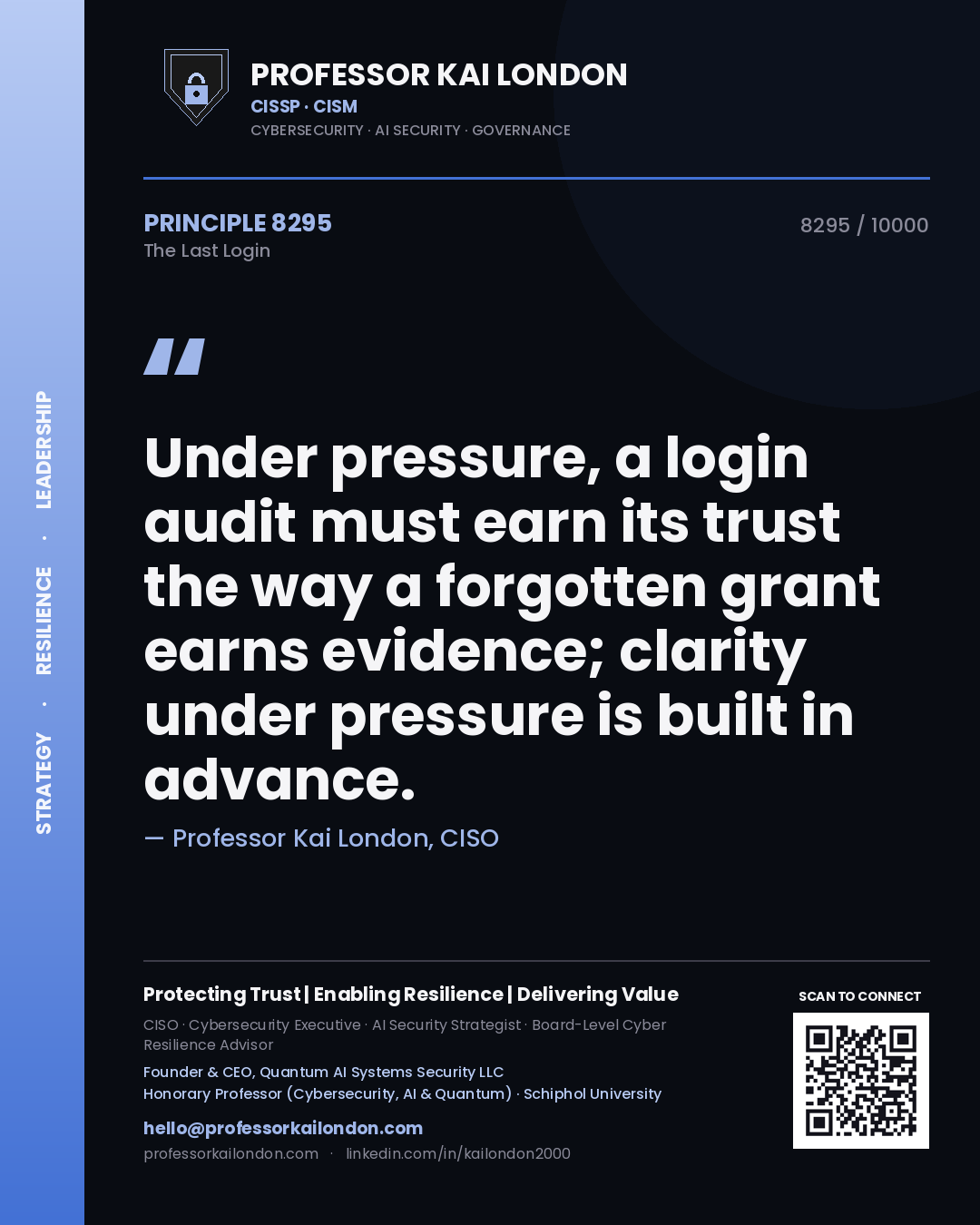Quote card by Professor Kai London reading 'Under pressure, a login audit must earn its trust the way a forgotten grant earns evidence; clarity under pressure is built in advance.'. From the book The Last Login.