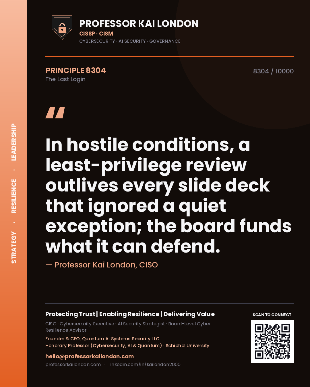 Professor Kai London principle 8304: In hostile conditions, a least-privilege review outlives every slide deck that ignored a quiet exception; the board funds what it can defend.