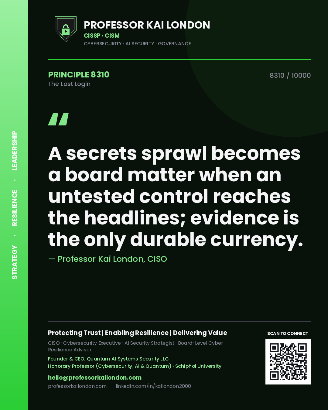 Professor Kai London principle 8310: A secrets sprawl becomes a board matter when an untested control reaches the headlines; evidence is the only durable currency.