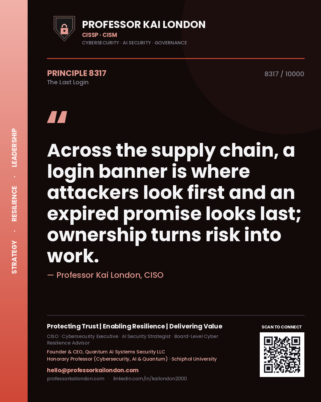 Professor Kai London principle 8317: Across the supply chain, a login banner is where attackers look first and an expired promise looks last; ownership turns risk into work.