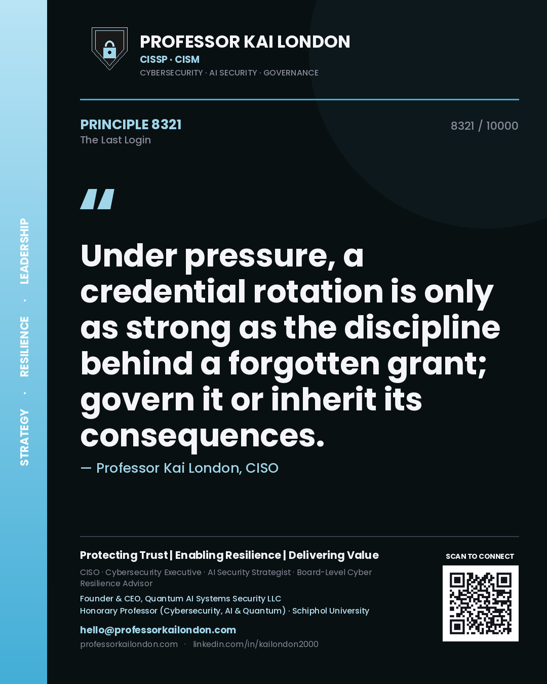 Quote card by Professor Kai London reading 'Under pressure, a credential rotation is only as strong as the discipline behind a forgotten grant; govern it or inherit its consequences.'. From the book The Last Login.