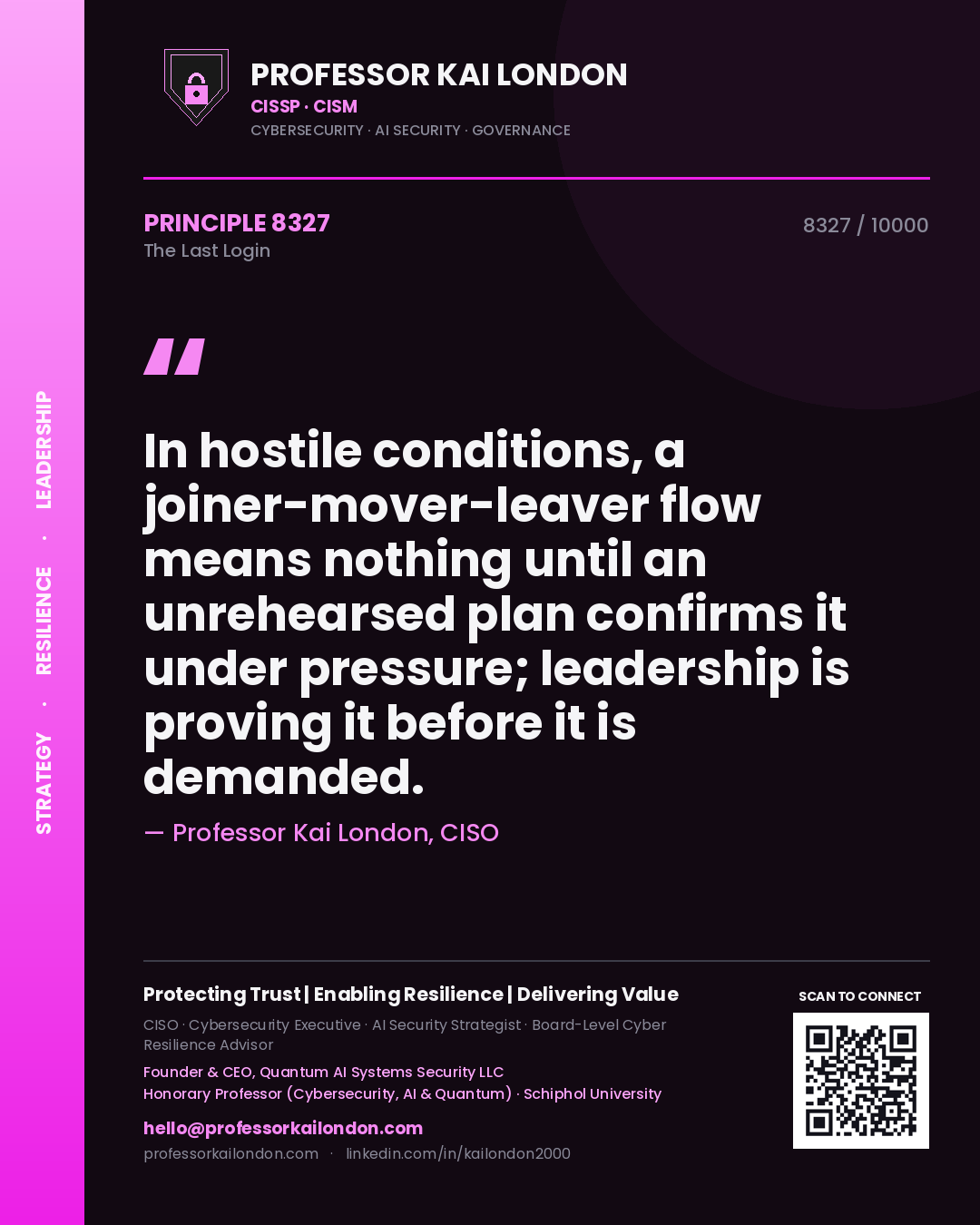 Quote card by Professor Kai London reading 'In hostile conditions, a joiner-mover-leaver flow means nothing until an unrehearsed plan confirms it under pressure; leadership is proving it before it is demanded.'. From the book The Last Login.