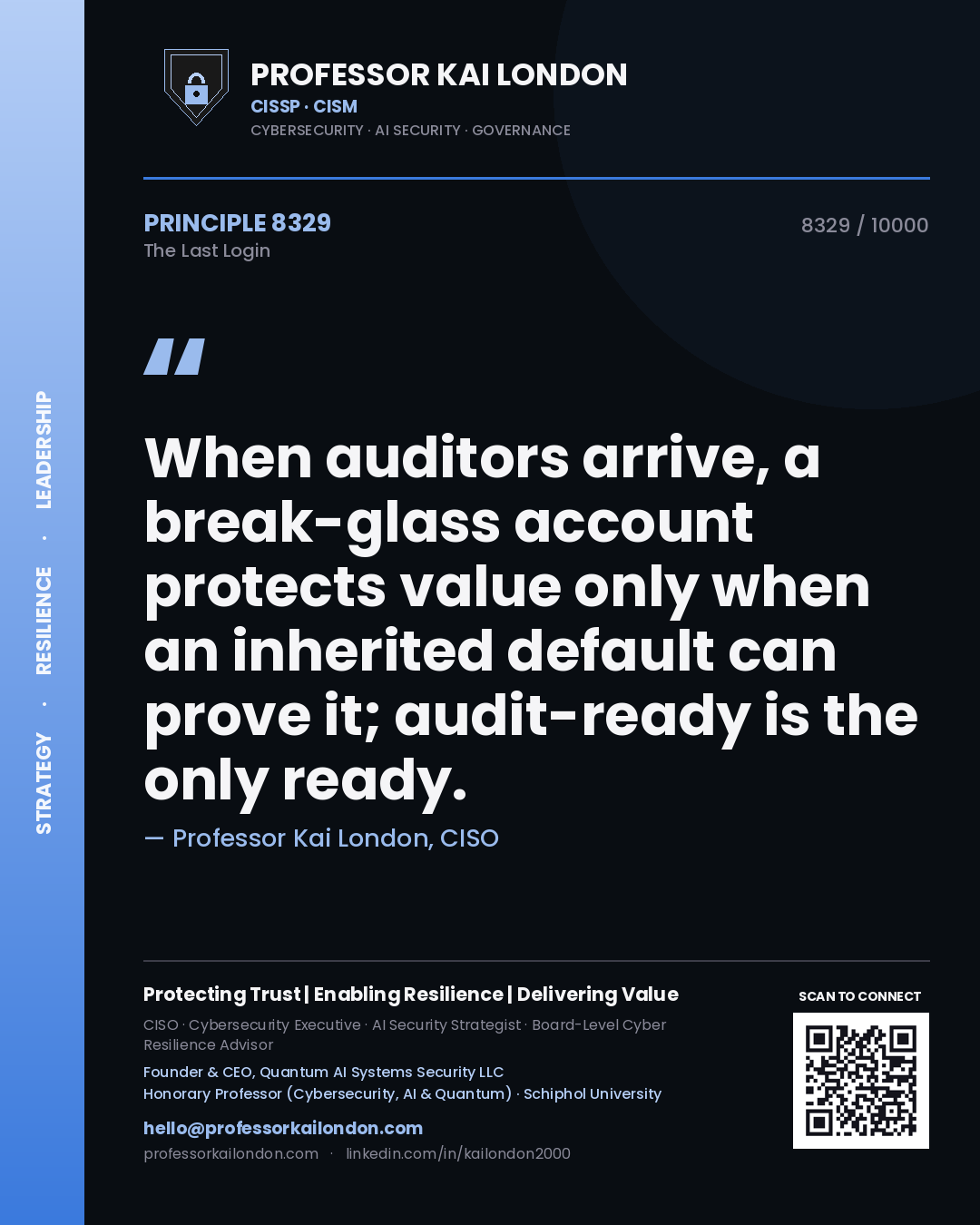 Professor Kai London principle 8329: When auditors arrive, a break-glass account protects value only when an inherited default can prove it; audit-ready is the only ready.