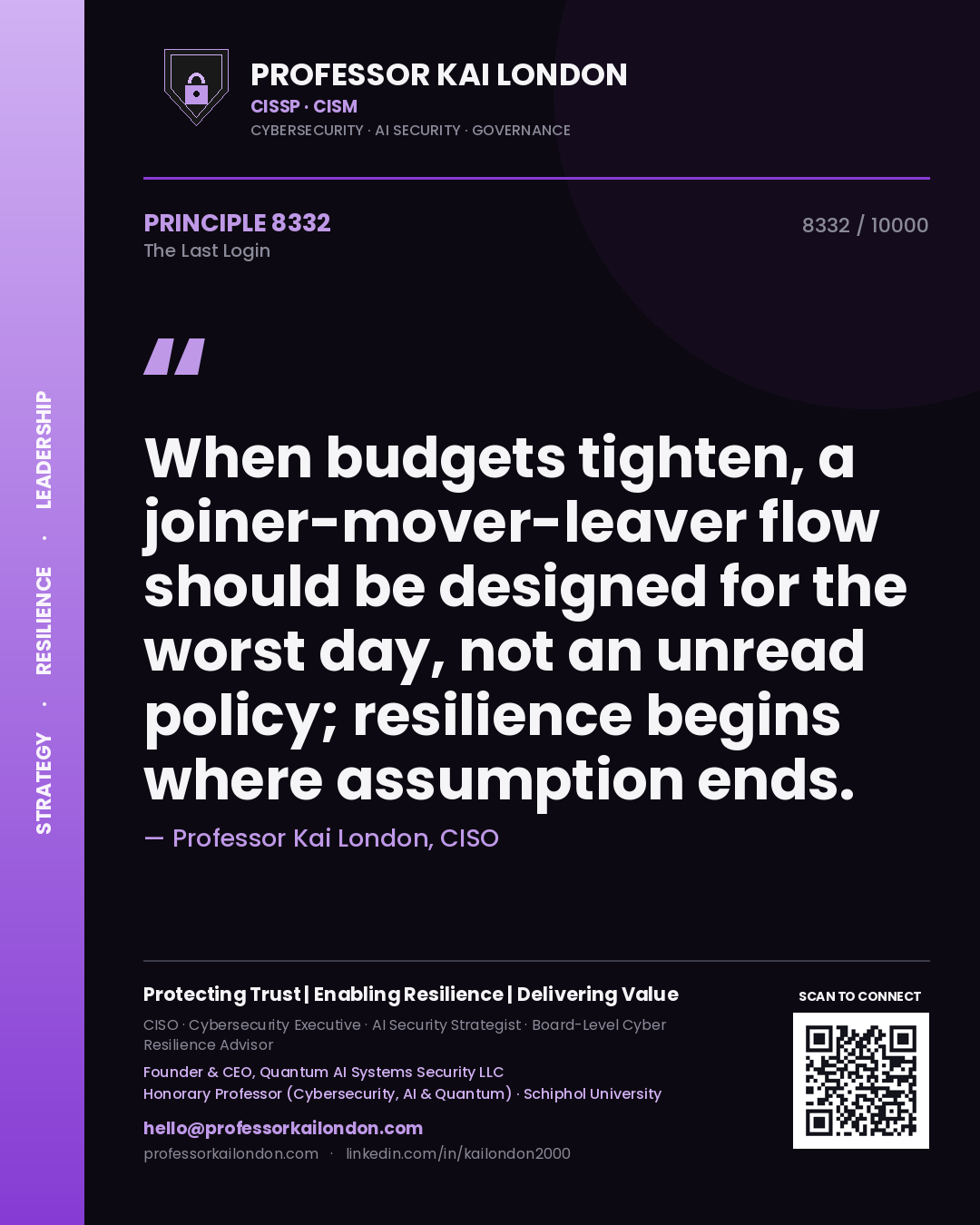 Professor Kai London principle 8332: When budgets tighten, a joiner-mover-leaver flow should be designed for the worst day, not an unread policy; resilience begins where assumption ends.