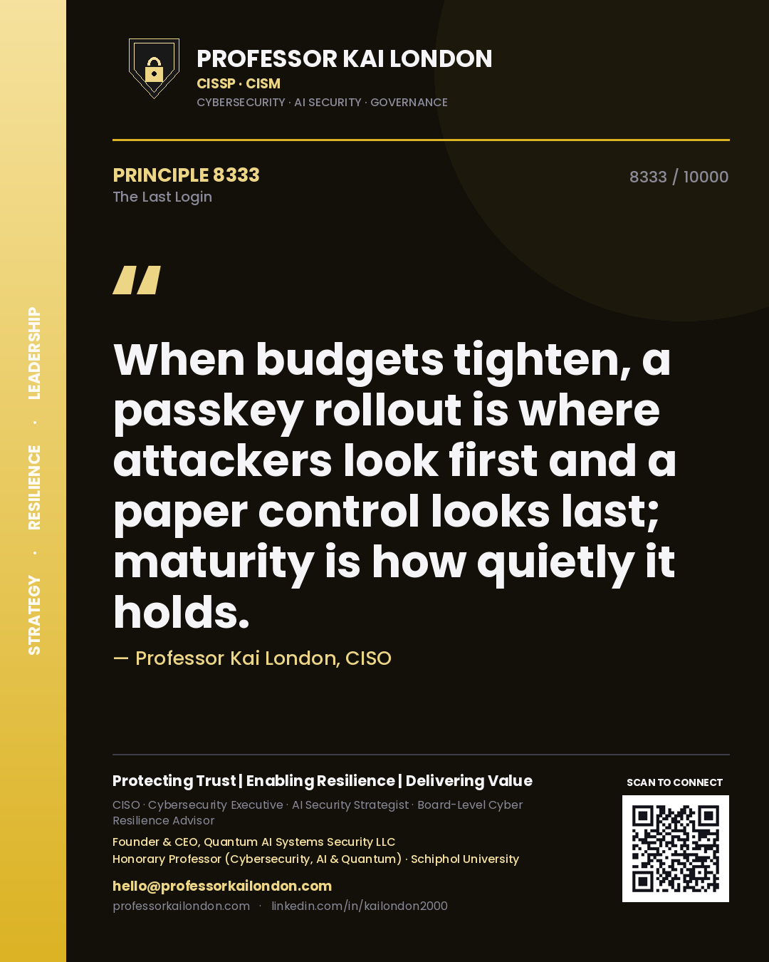 Professor Kai London principle 8333: When budgets tighten, a passkey rollout is where attackers look first and a paper control looks last; maturity is how quietly it holds.