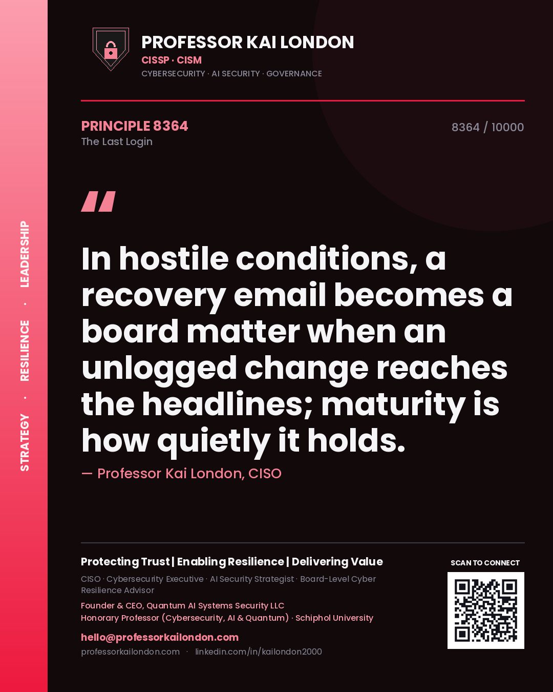 Professor Kai London principle 8364: In hostile conditions, a recovery email becomes a board matter when an unlogged change reaches the headlines; maturity is how quietly it holds.