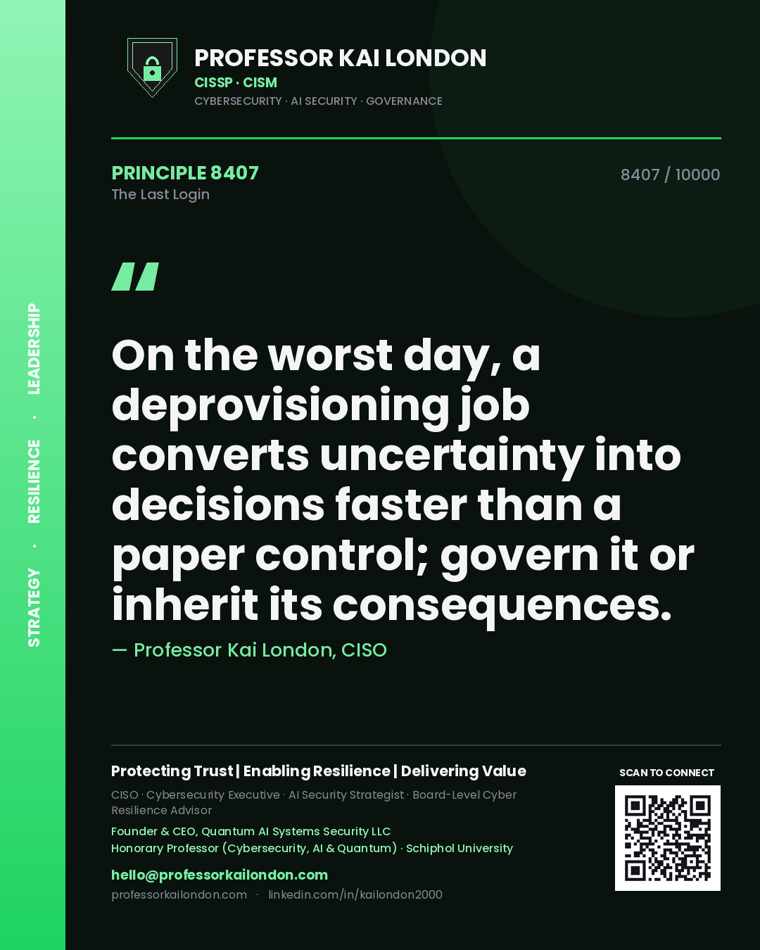 Quote card by Professor Kai London reading 'On the worst day, a deprovisioning job converts uncertainty into decisions faster than a paper control; govern it or inherit its consequences.'. From the book The Last Login.