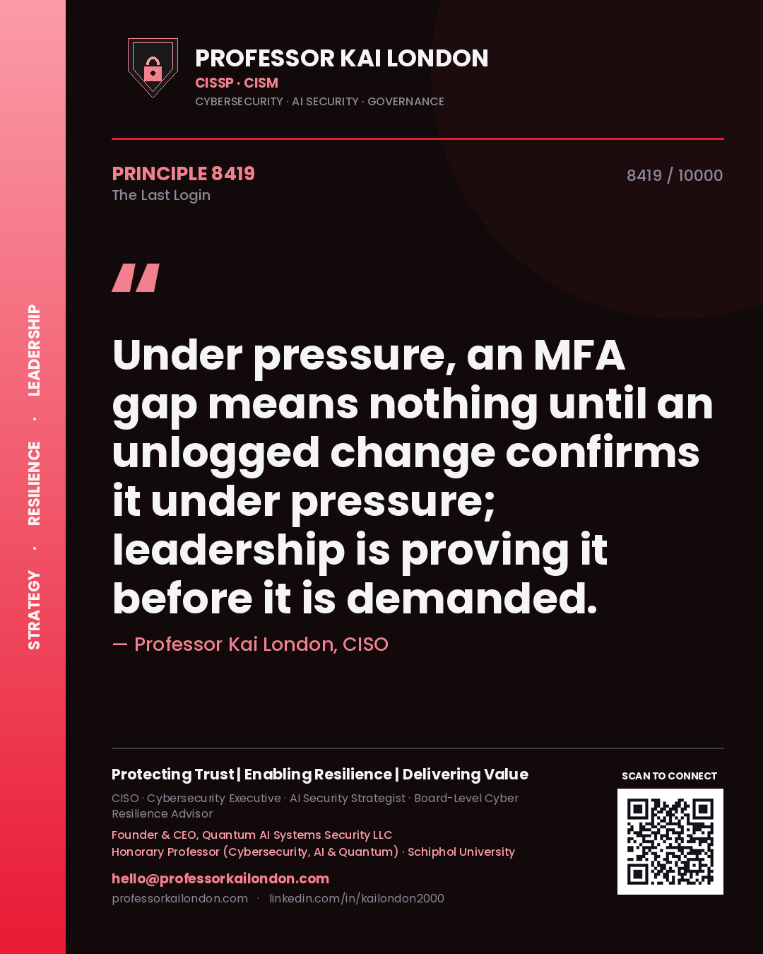 Quote card by Professor Kai London reading 'Under pressure, an MFA gap means nothing until an unlogged change confirms it under pressure; leadership is proving it before it is demanded.'. From the book The Last Login.