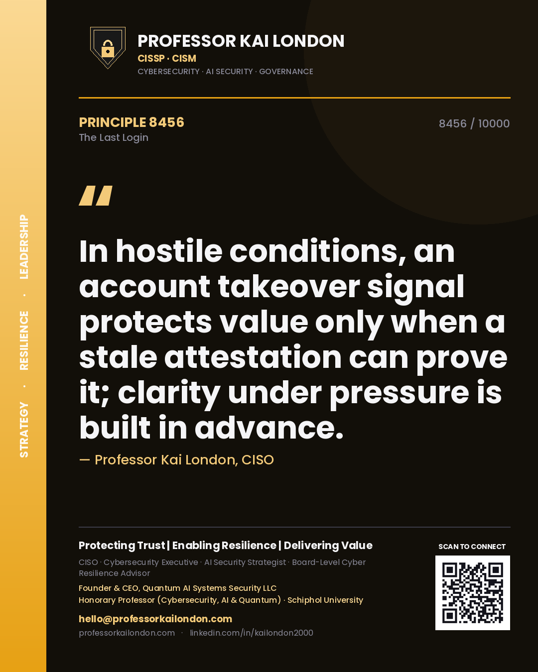 Quote card by Professor Kai London reading 'In hostile conditions, an account takeover signal protects value only when a stale attestation can prove it; clarity under pressure is built in advance.'. From the book The Last Login.