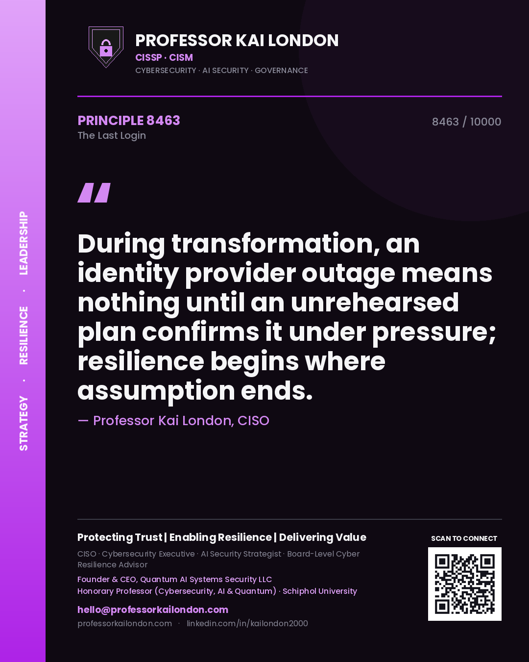 Quote card by Professor Kai London reading 'During transformation, an identity provider outage means nothing until an unrehearsed plan confirms it under pressure; resilience begins where assumption ends.'. From the book The Last Login.