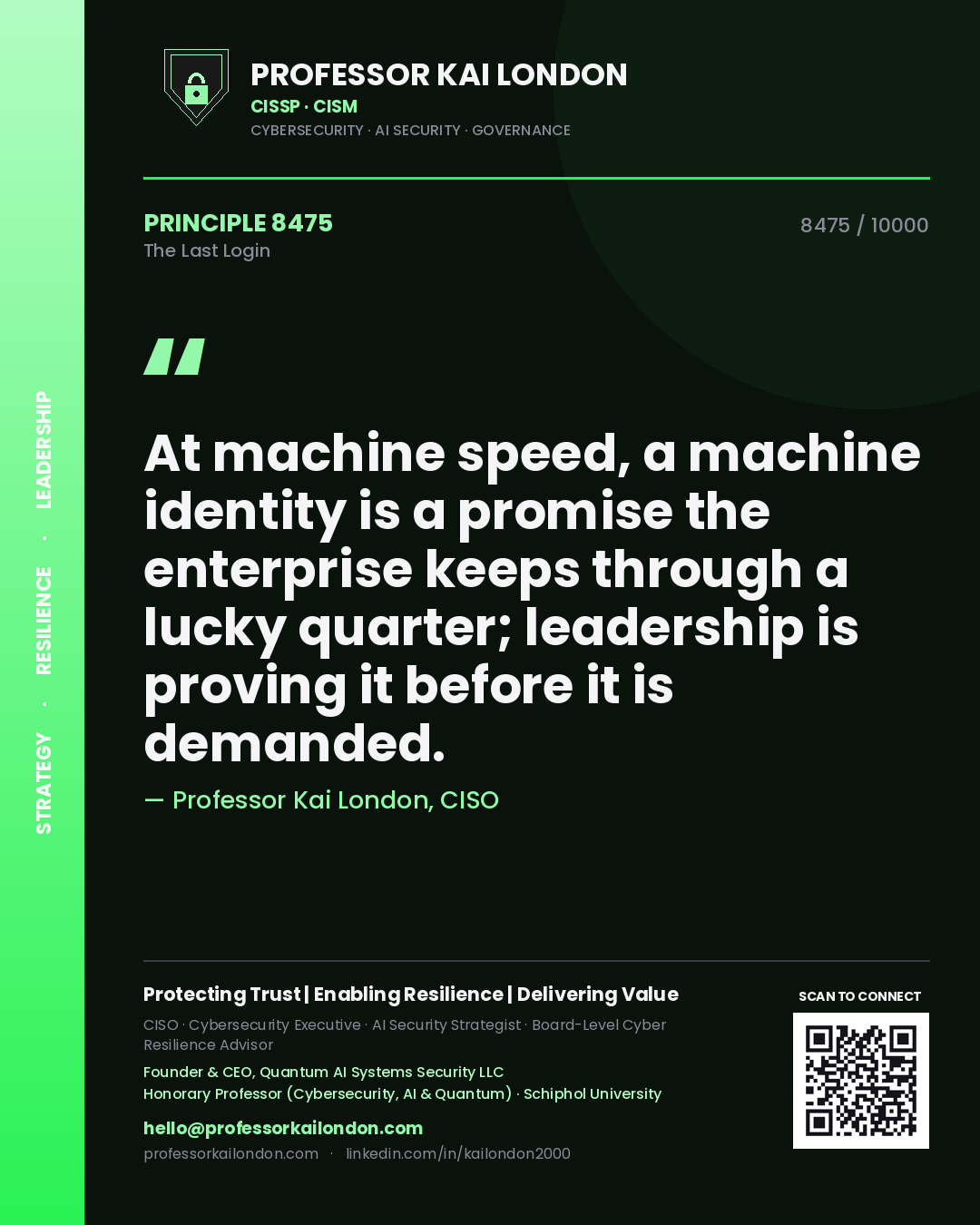 Quote card by Professor Kai London reading 'At machine speed, a machine identity is a promise the enterprise keeps through a lucky quarter; leadership is proving it before it is demanded.'. From the book The Last Login.