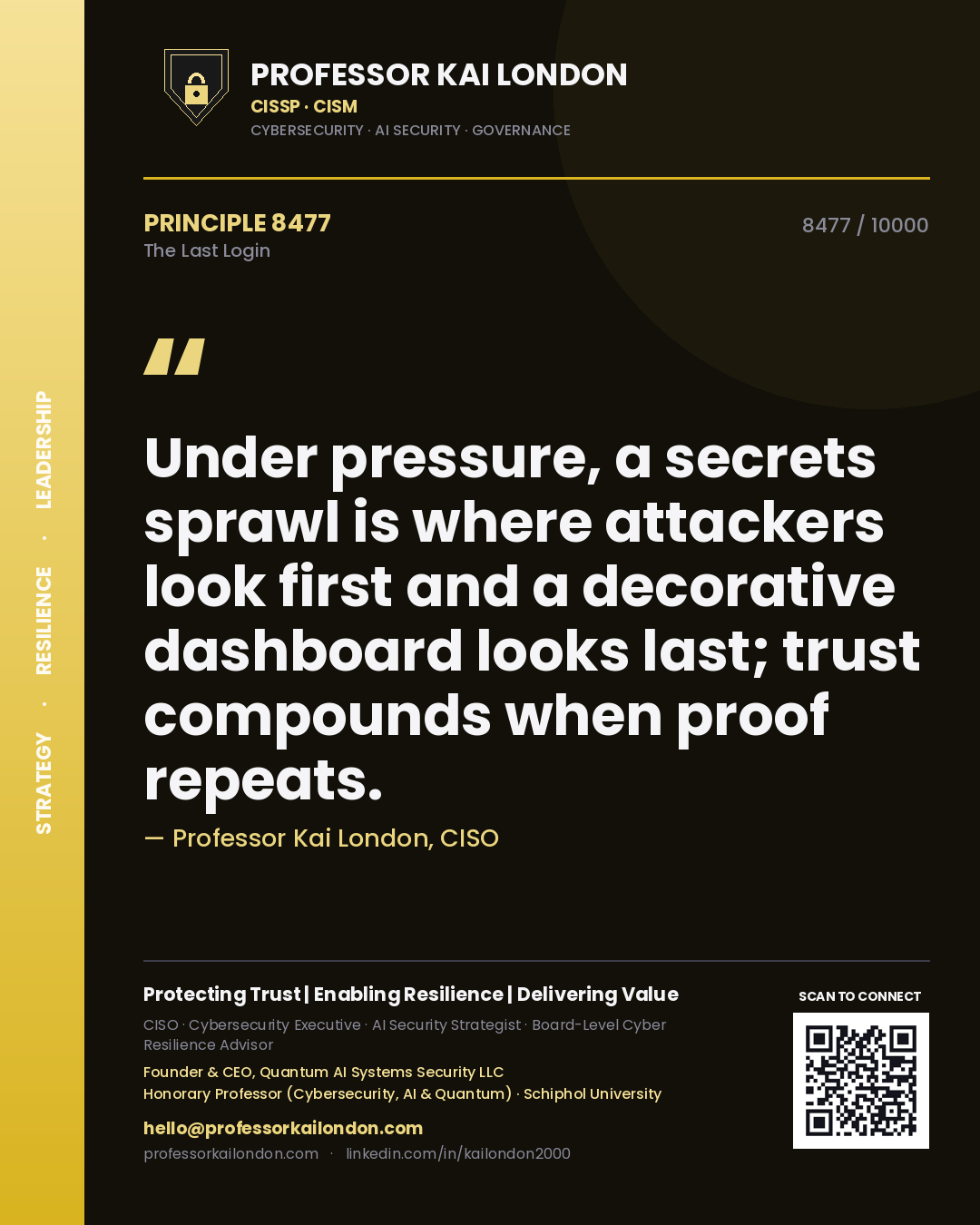 Quote card by Professor Kai London reading 'Under pressure, a secrets sprawl is where attackers look first and a decorative dashboard looks last; trust compounds when proof repeats.'. From the book The Last Login.