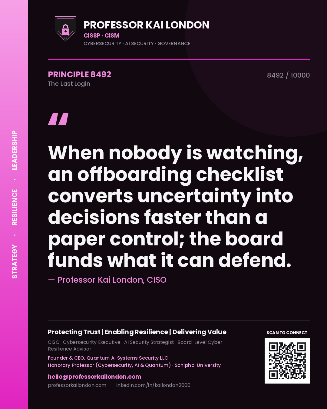 Quote card by Professor Kai London reading 'When nobody is watching, an offboarding checklist converts uncertainty into decisions faster than a paper control; the board funds what it can defend.'. From the book The Last Login.