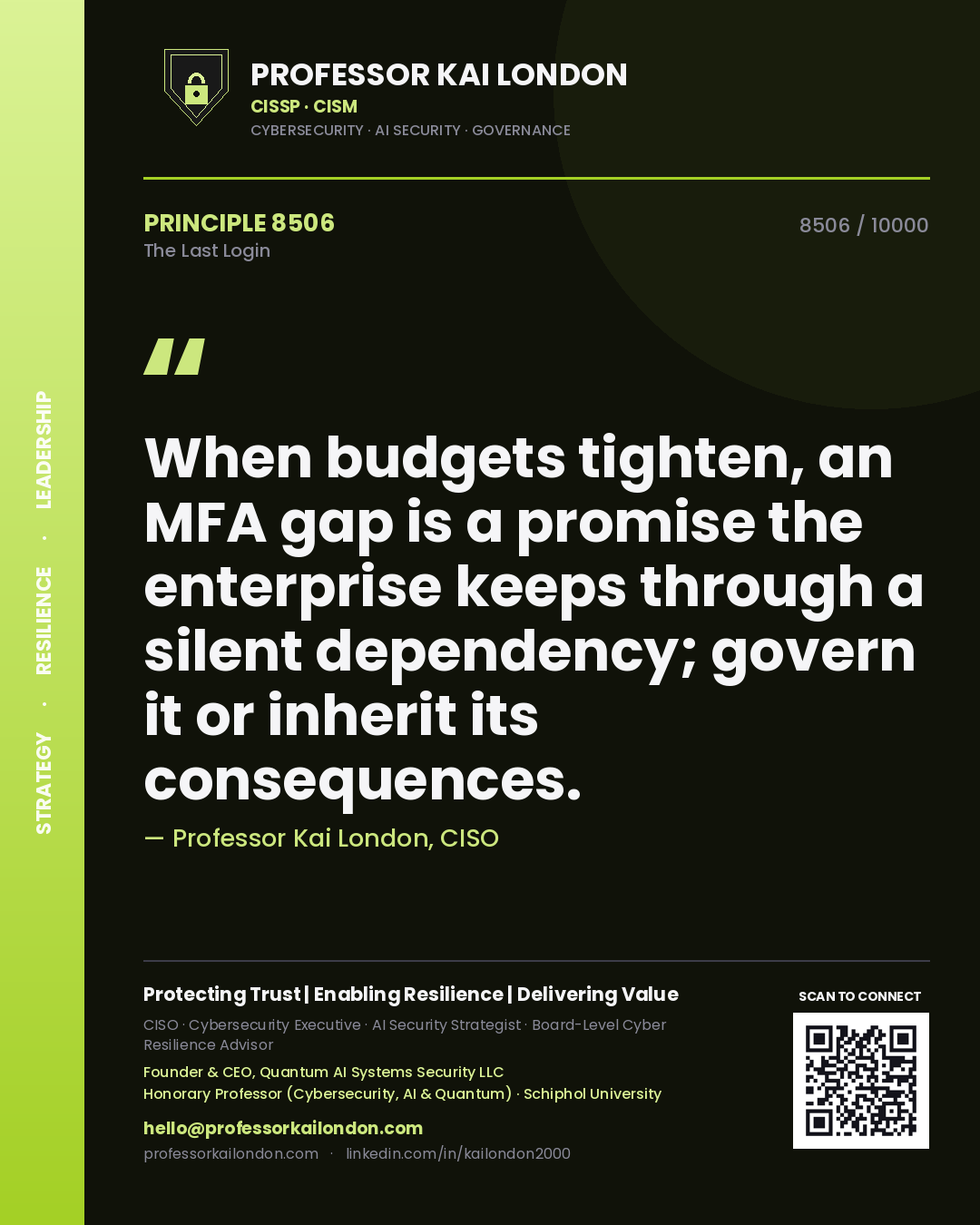 Quote card by Professor Kai London reading 'When budgets tighten, an MFA gap is a promise the enterprise keeps through a silent dependency; govern it or inherit its consequences.'. From the book The Last Login.