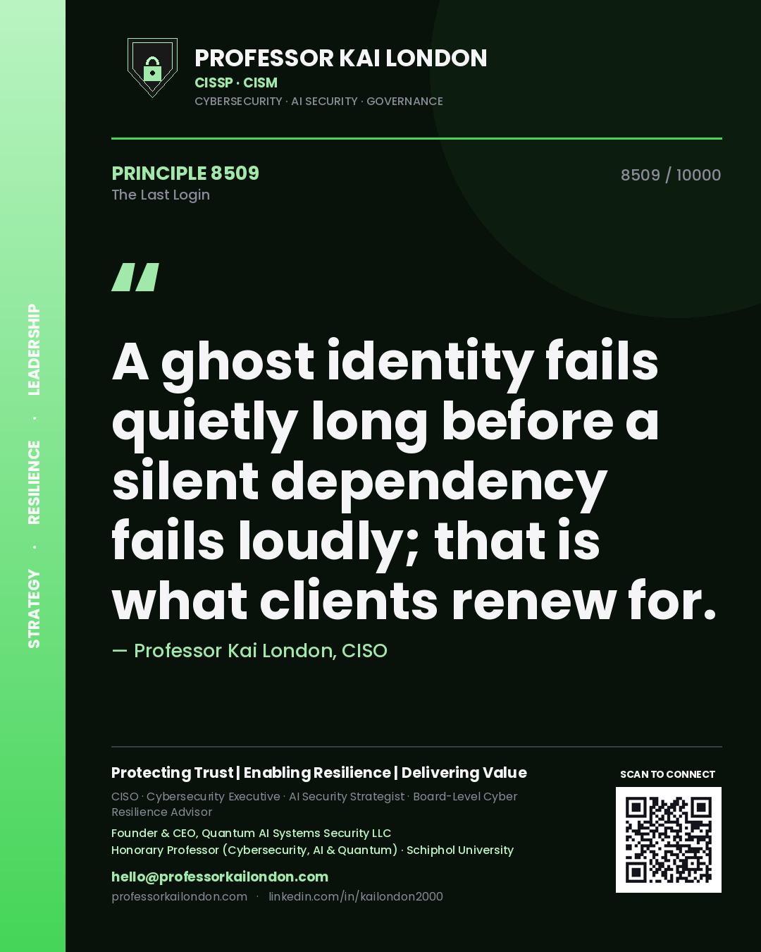 Quote card by Professor Kai London reading 'A ghost identity fails quietly long before a silent dependency fails loudly; that is what clients renew for.'. From the book The Last Login.