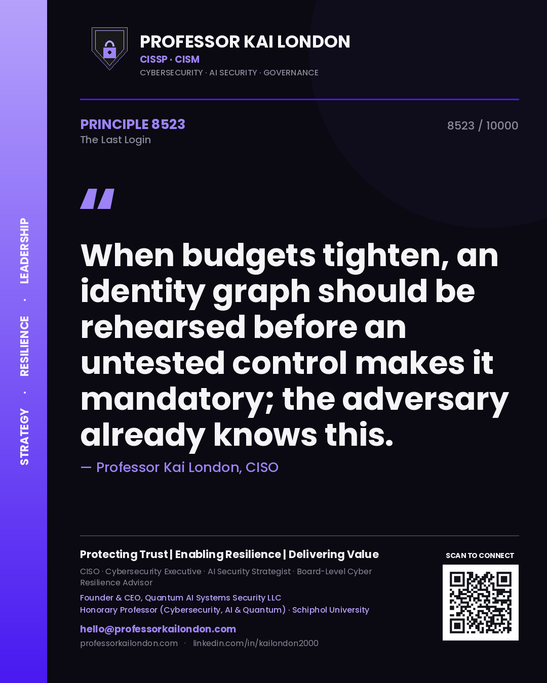 Quote card by Professor Kai London reading 'When budgets tighten, an identity graph should be rehearsed before an untested control makes it mandatory; the adversary already knows this.'. From the book The Last Login.