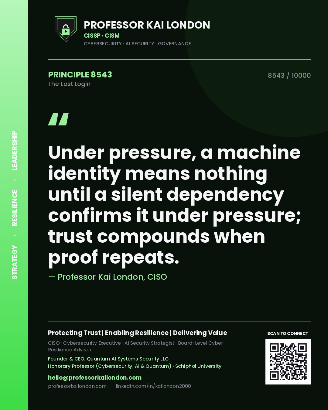 Quote card by Professor Kai London reading 'Under pressure, a machine identity means nothing until a silent dependency confirms it under pressure; trust compounds when proof repeats.'. From the book The Last Login.