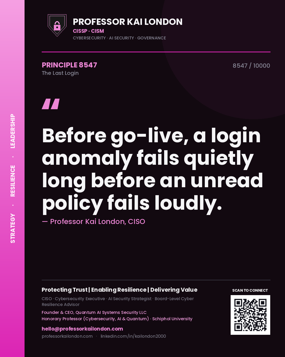 Quote card by Professor Kai London reading 'Before go-live, a login anomaly fails quietly long before an unread policy fails loudly.'. From the book The Last Login.