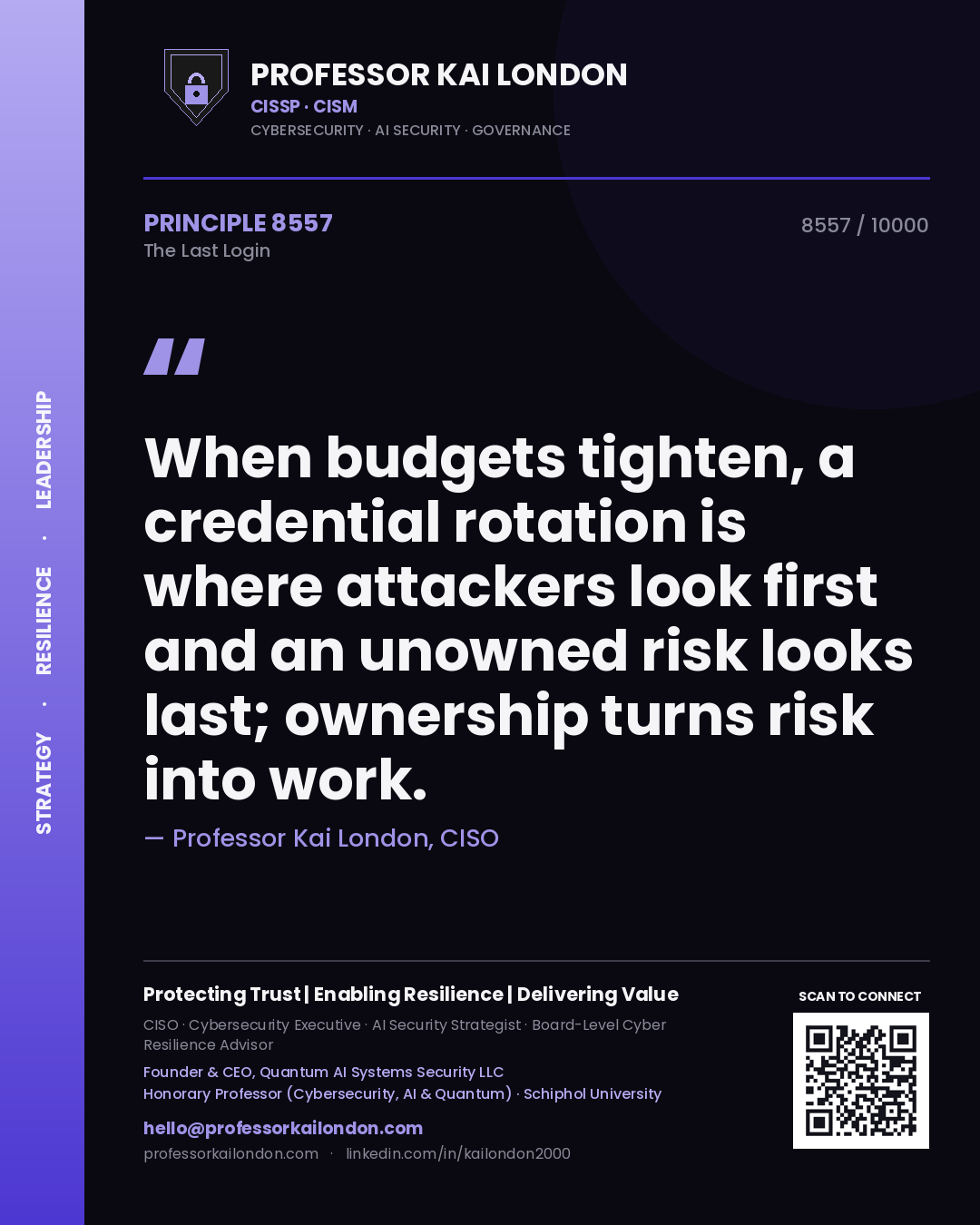 Quote card by Professor Kai London reading 'When budgets tighten, a credential rotation is where attackers look first and an unowned risk looks last; ownership turns risk into work.'. From the book The Last Login.