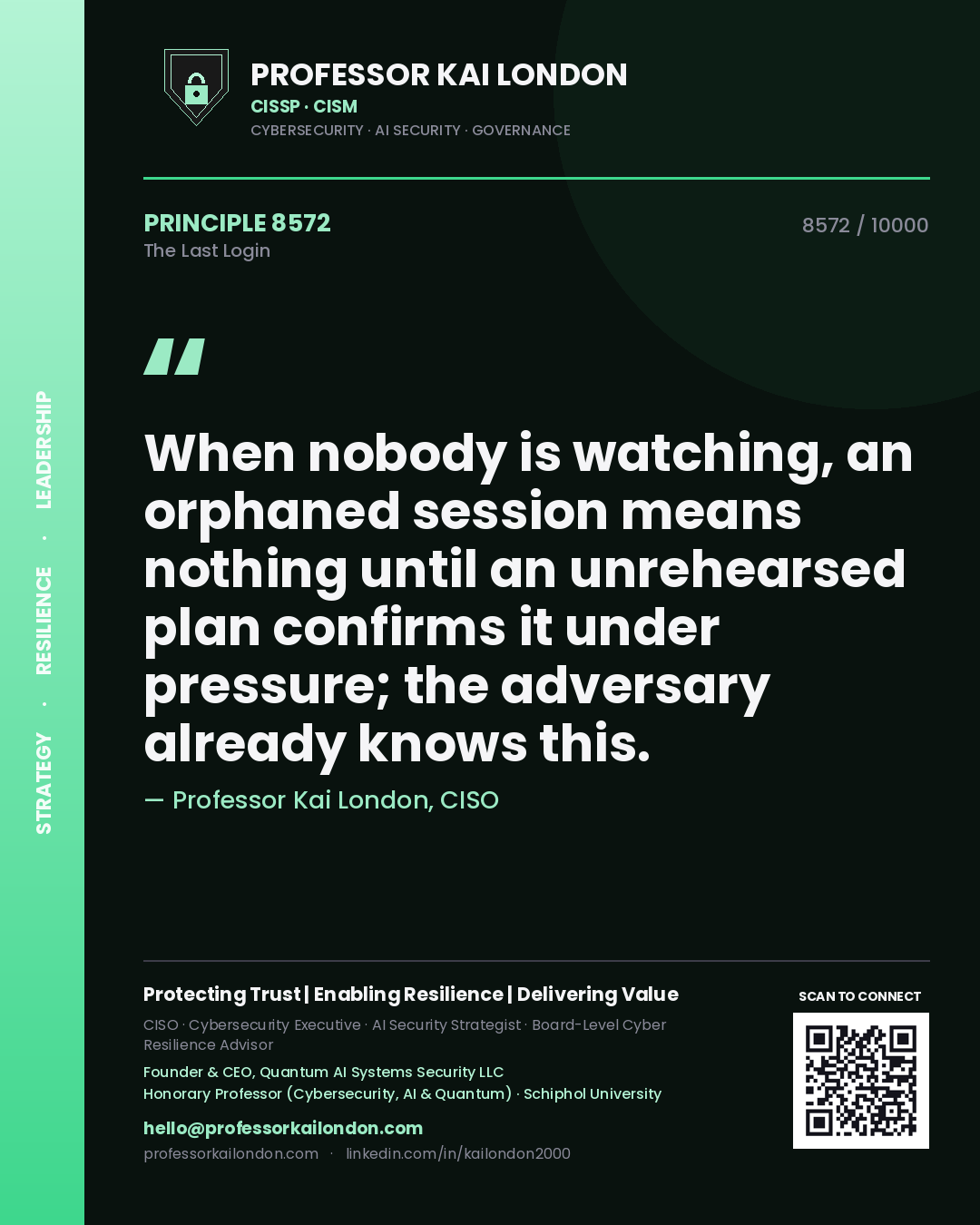 Quote card by Professor Kai London reading 'When nobody is watching, an orphaned session means nothing until an unrehearsed plan confirms it under pressure; the adversary already knows this.'. From the book The Last Login.