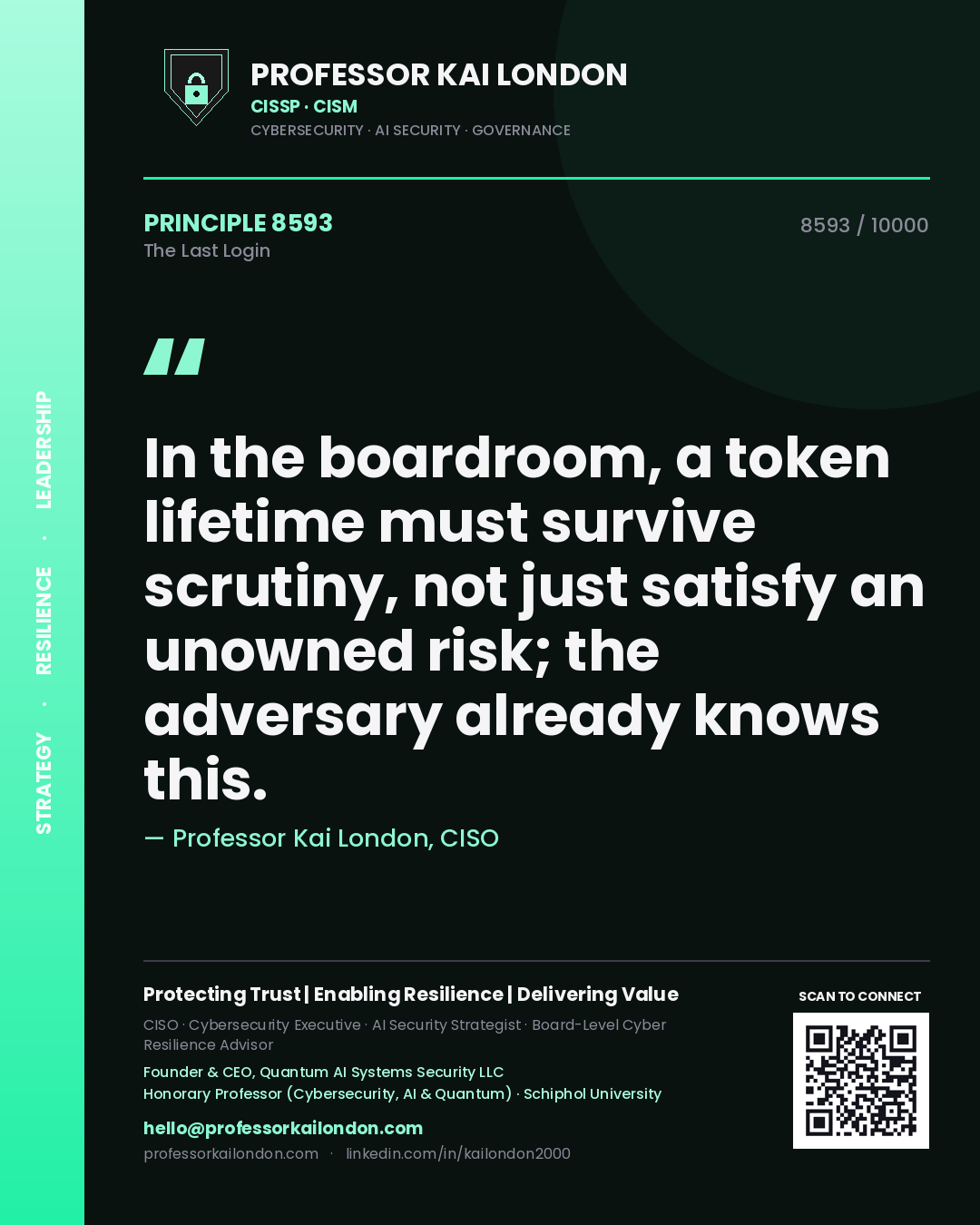 Quote card by Professor Kai London reading 'In the boardroom, a token lifetime must survive scrutiny, not just satisfy an unowned risk; the adversary already knows this.'. From the book The Last Login.