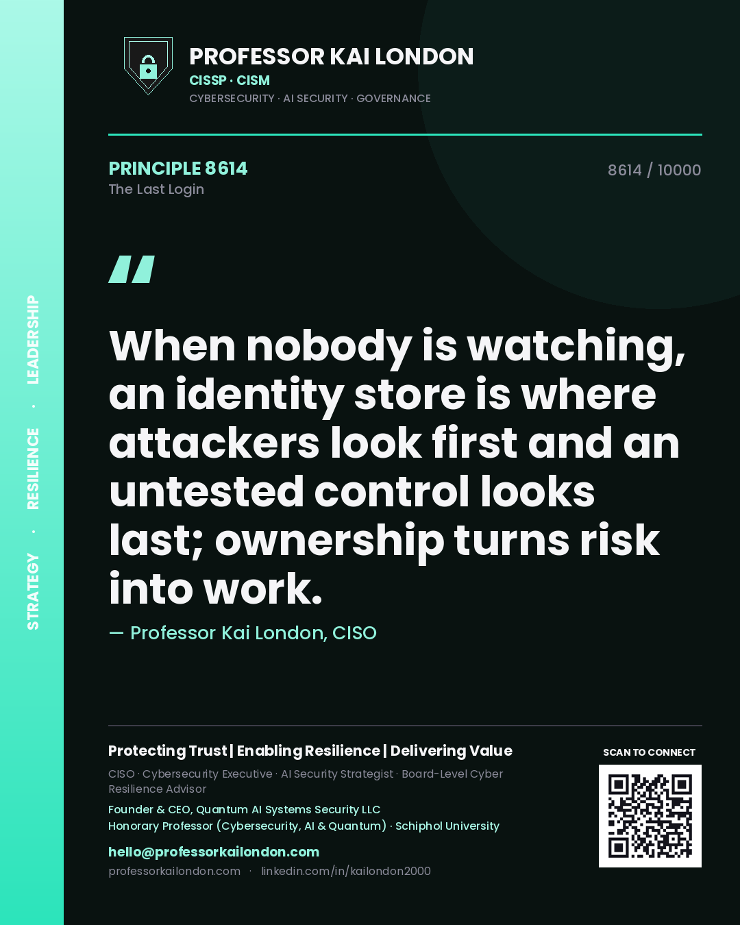 Professor Kai London principle 8614: When nobody is watching, an identity store is where attackers look first and an untested control looks last; ownership turns risk into work.