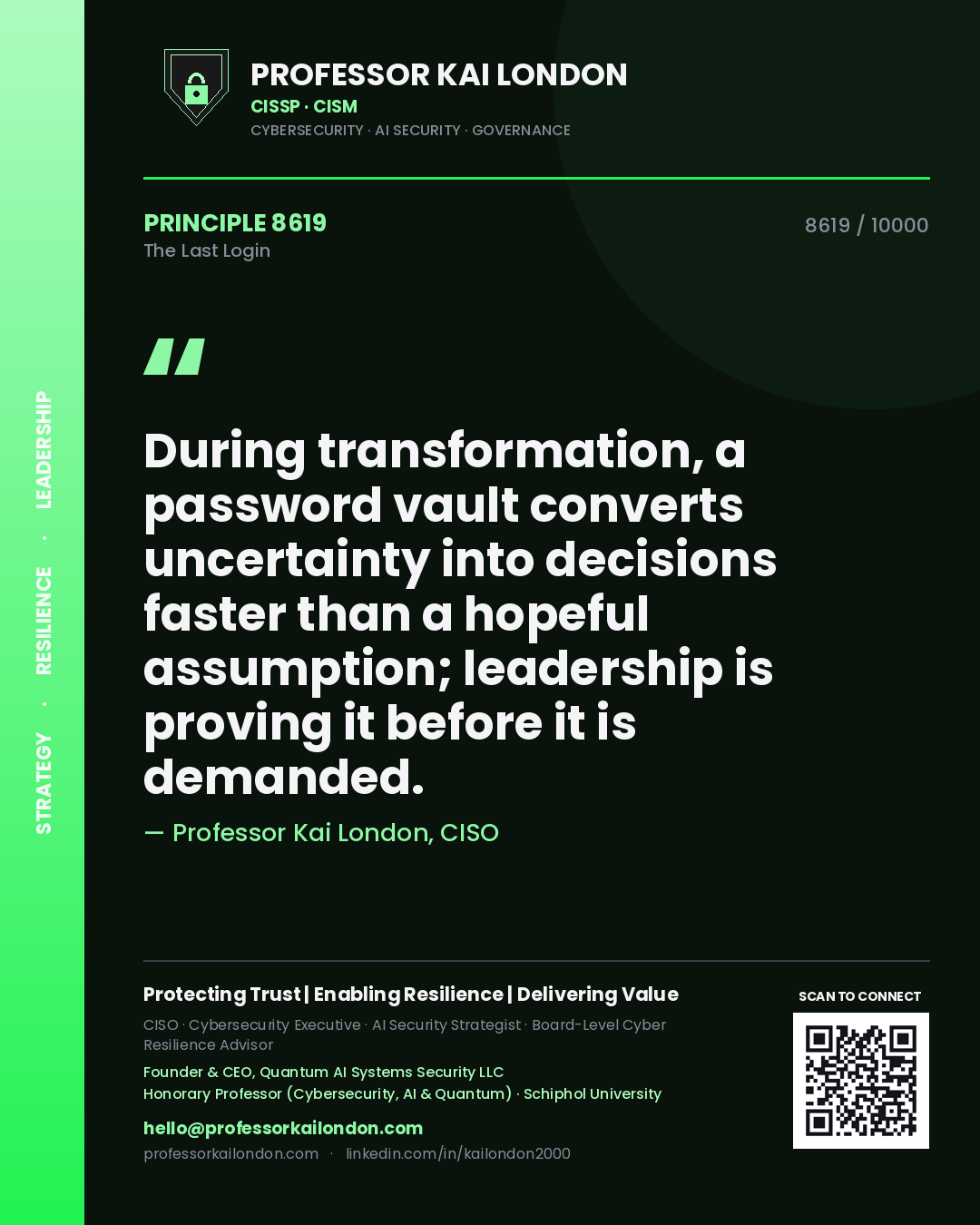 Professor Kai London principle 8619: During transformation, a password vault converts uncertainty into decisions faster than a hopeful assumption; leadership is proving it before it is demanded.