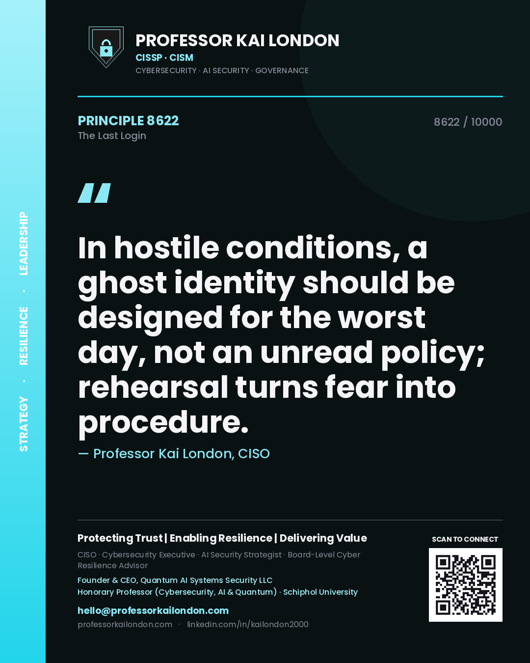 Quote card by Professor Kai London reading 'In hostile conditions, a ghost identity should be designed for the worst day, not an unread policy; rehearsal turns fear into procedure.'. From the book The Last Login.