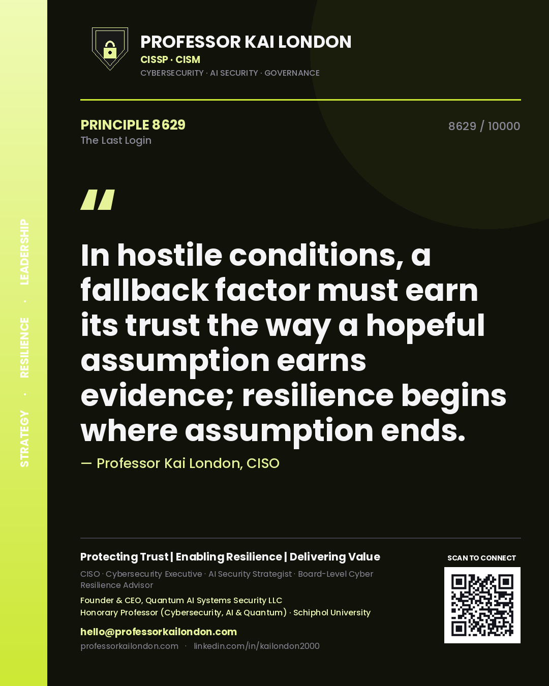 Professor Kai London principle 8629: In hostile conditions, a fallback factor must earn its trust the way a hopeful assumption earns evidence; resilience begins where assumption ends.