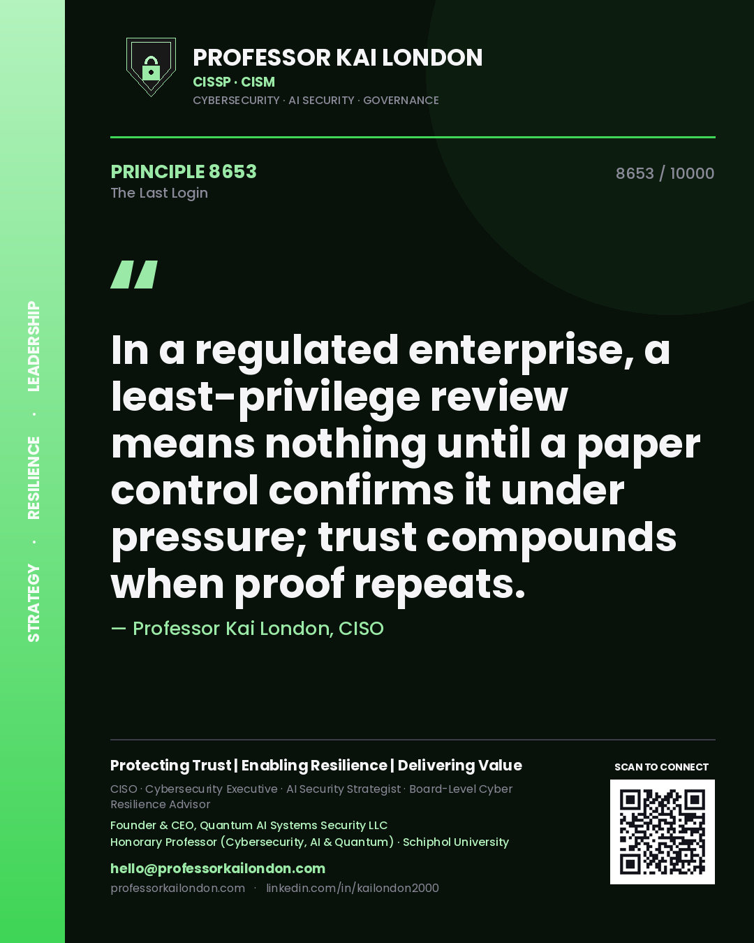 Quote card by Professor Kai London reading 'In a regulated enterprise, a least-privilege review means nothing until a paper control confirms it under pressure; trust compounds when proof repeats.'. From the book The Last Login.