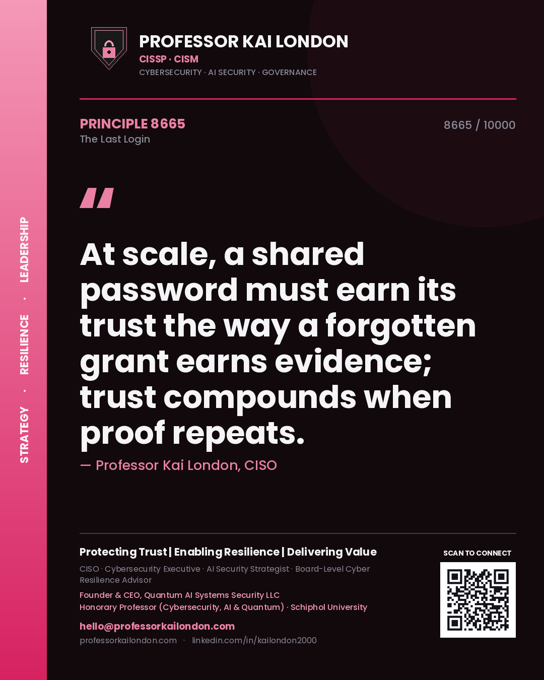 Quote card by Professor Kai London reading 'At scale, a shared password must earn its trust the way a forgotten grant earns evidence; trust compounds when proof repeats.'. From the book The Last Login.