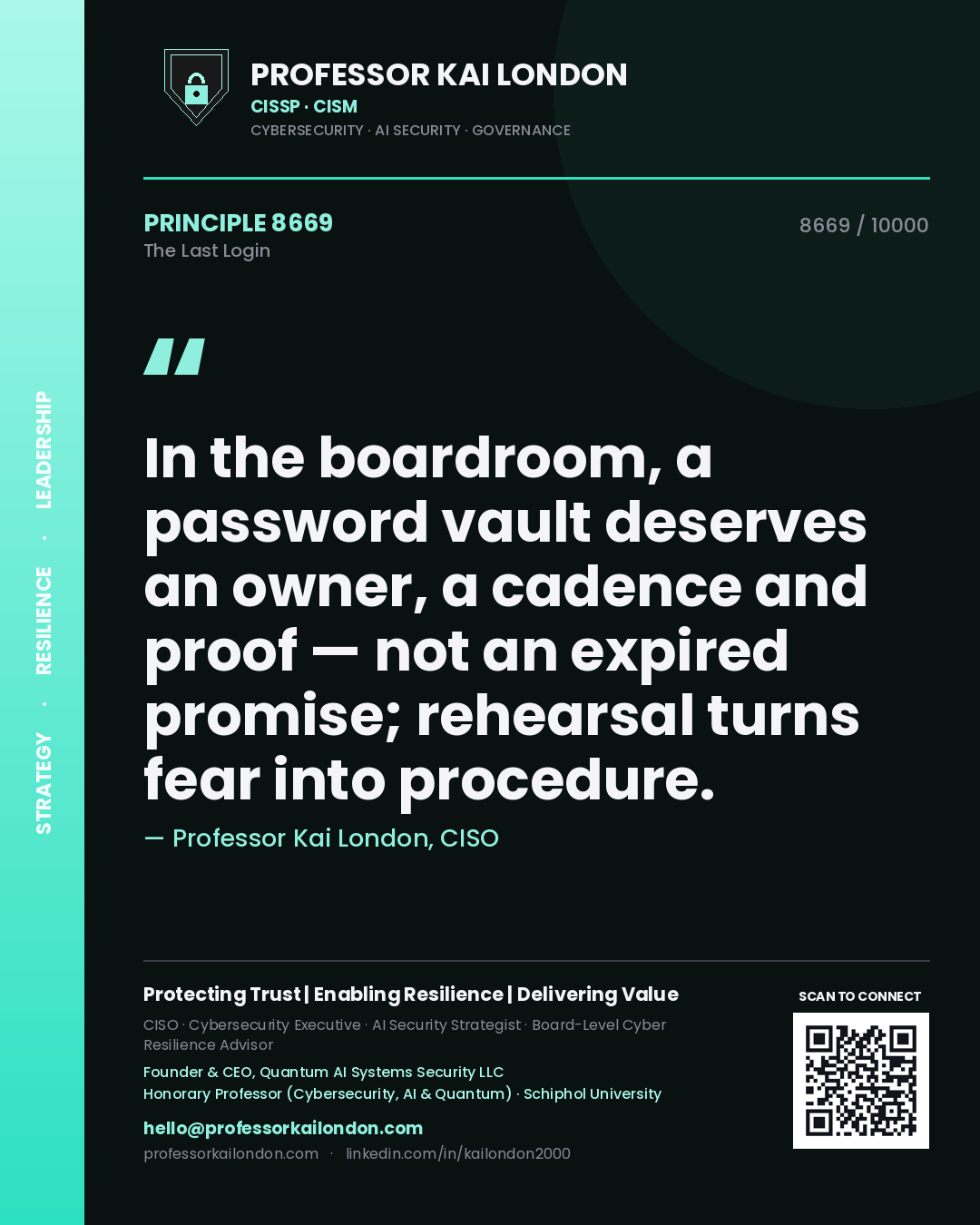 Quote card by Professor Kai London reading 'In the boardroom, a password vault deserves an owner, a cadence and proof — not an expired promise; rehearsal turns fear into procedure.'. From the book The Last Login.