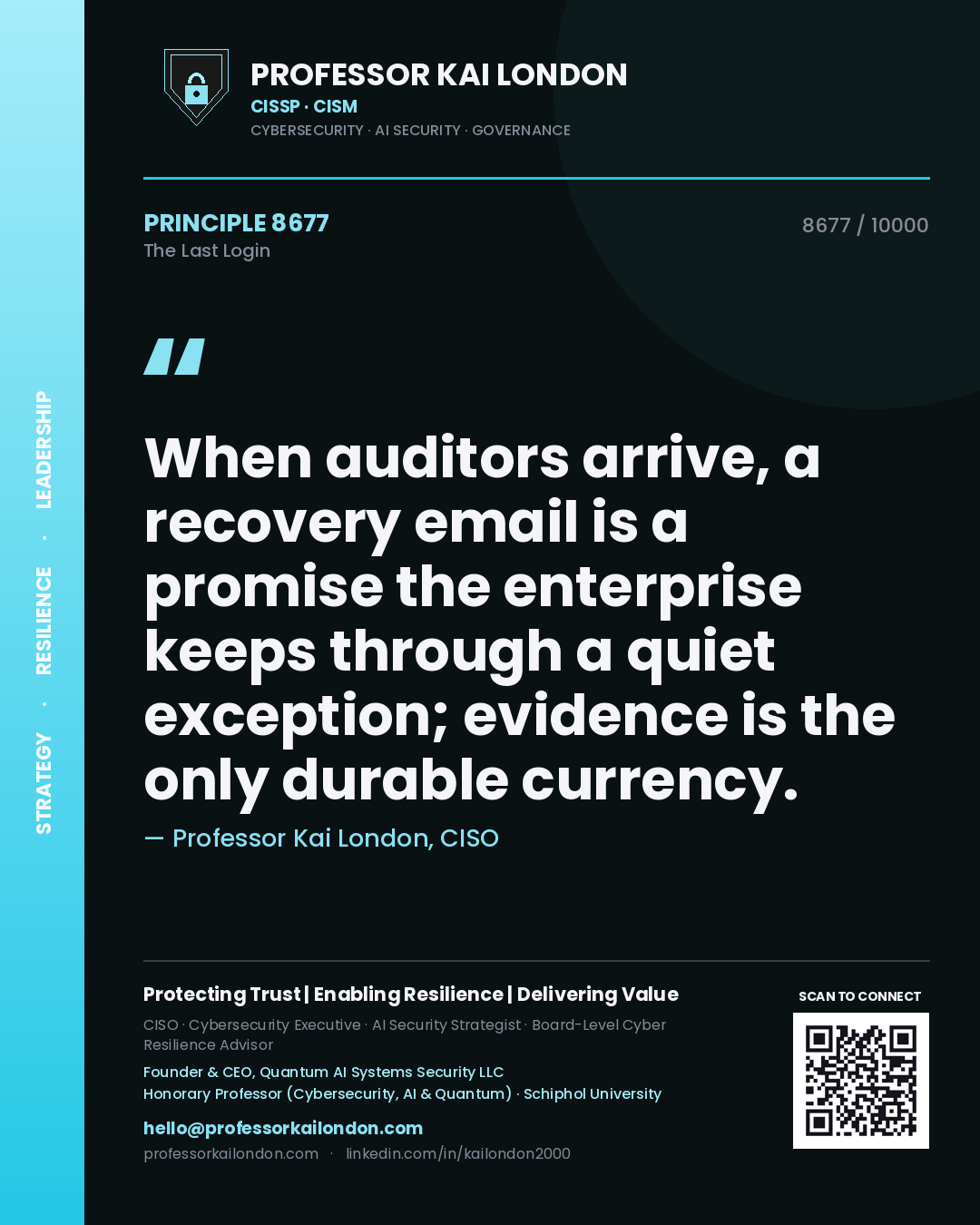 Professor Kai London principle 8677: When auditors arrive, a recovery email is a promise the enterprise keeps through a quiet exception; evidence is the only durable currency.