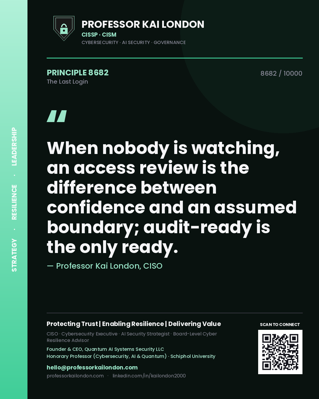 Professor Kai London principle 8682: When nobody is watching, an access review is the difference between confidence and an assumed boundary; audit-ready is the only ready.