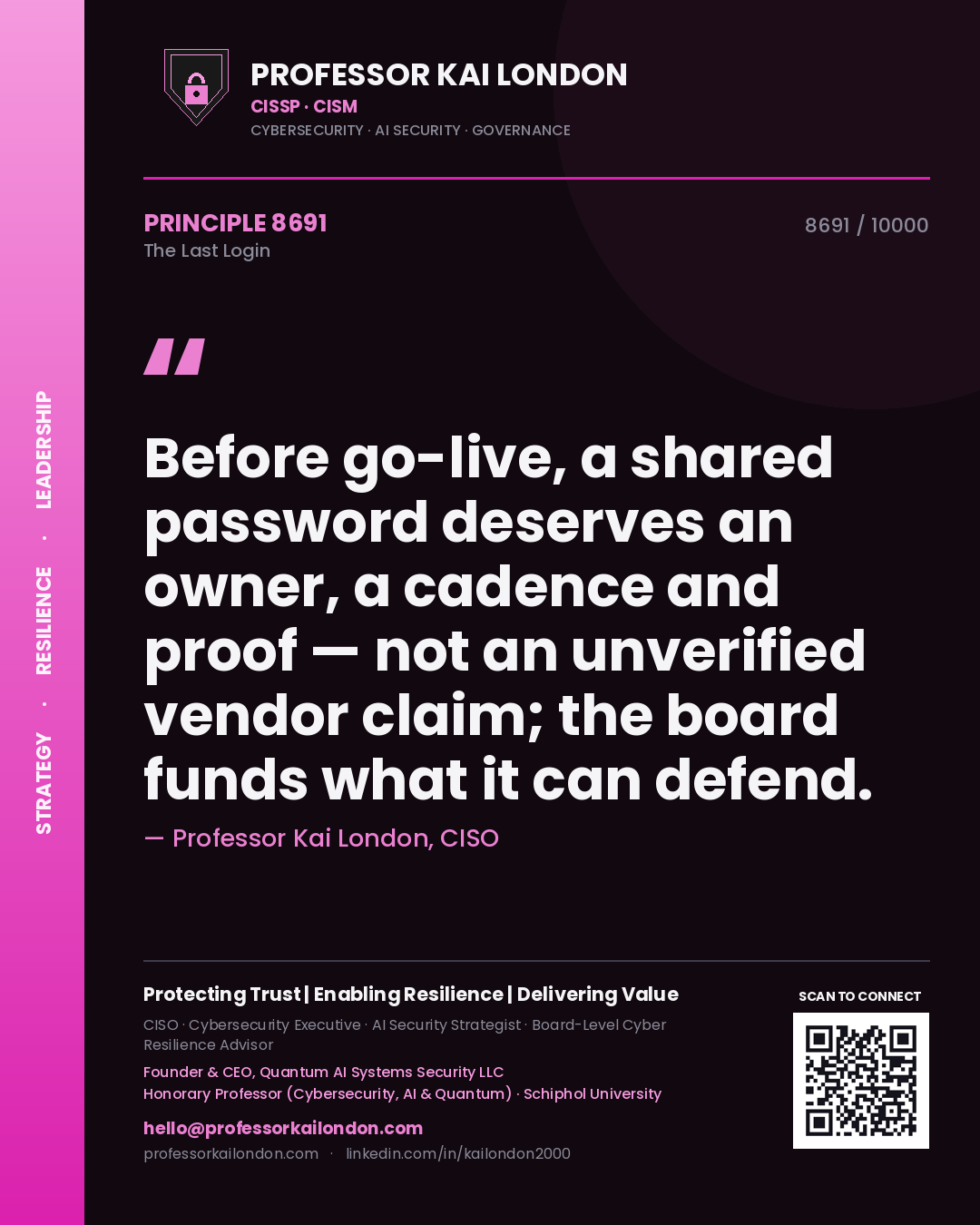 Quote card by Professor Kai London reading 'Before go-live, a shared password deserves an owner, a cadence and proof — not an unverified vendor claim; the board funds what it can defend.'. From the book The Last Login.