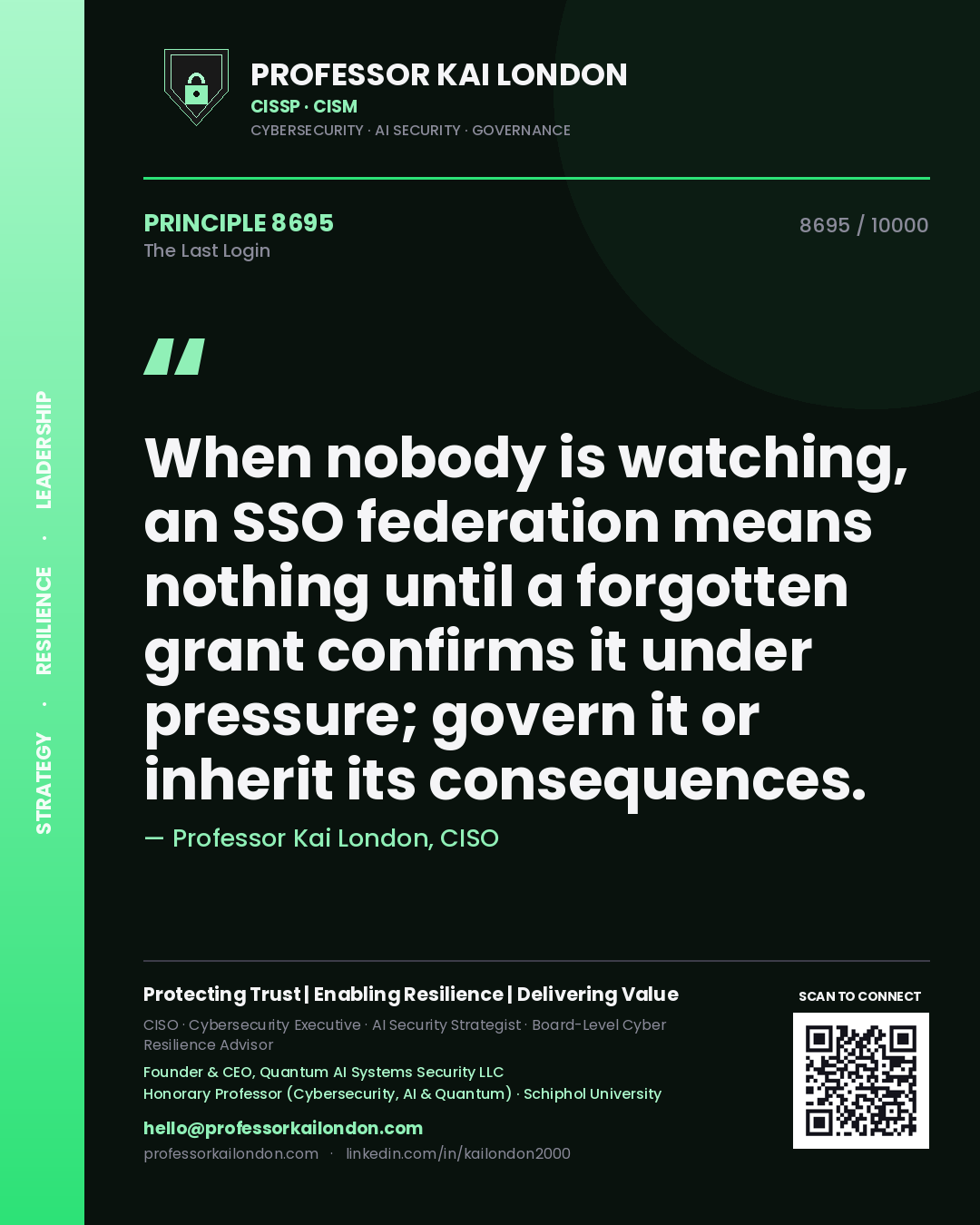Professor Kai London principle 8695: When nobody is watching, an SSO federation means nothing until a forgotten grant confirms it under pressure; govern it or inherit its consequences.