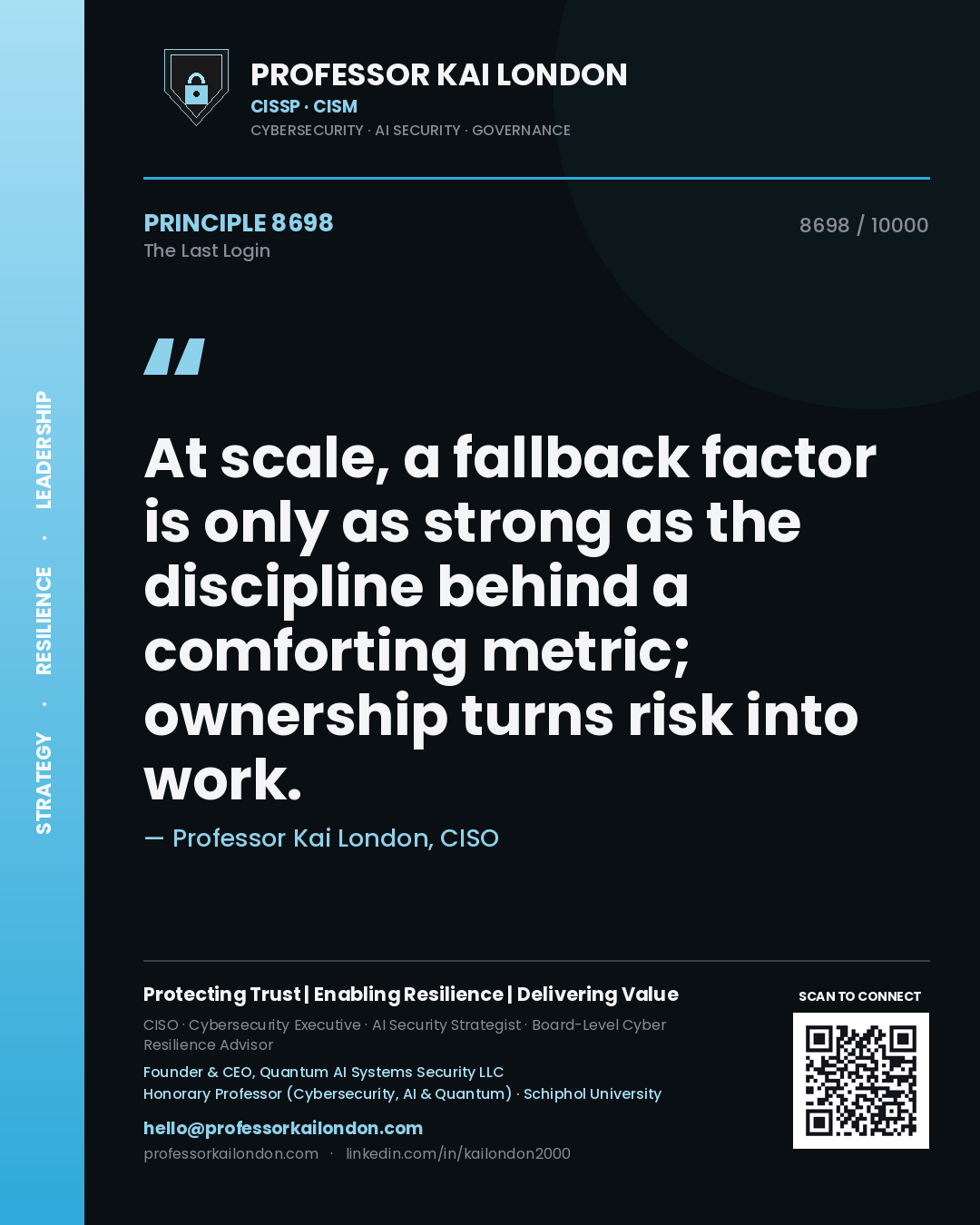 Quote card by Professor Kai London reading 'At scale, a fallback factor is only as strong as the discipline behind a comforting metric; ownership turns risk into work.'. From the book The Last Login.