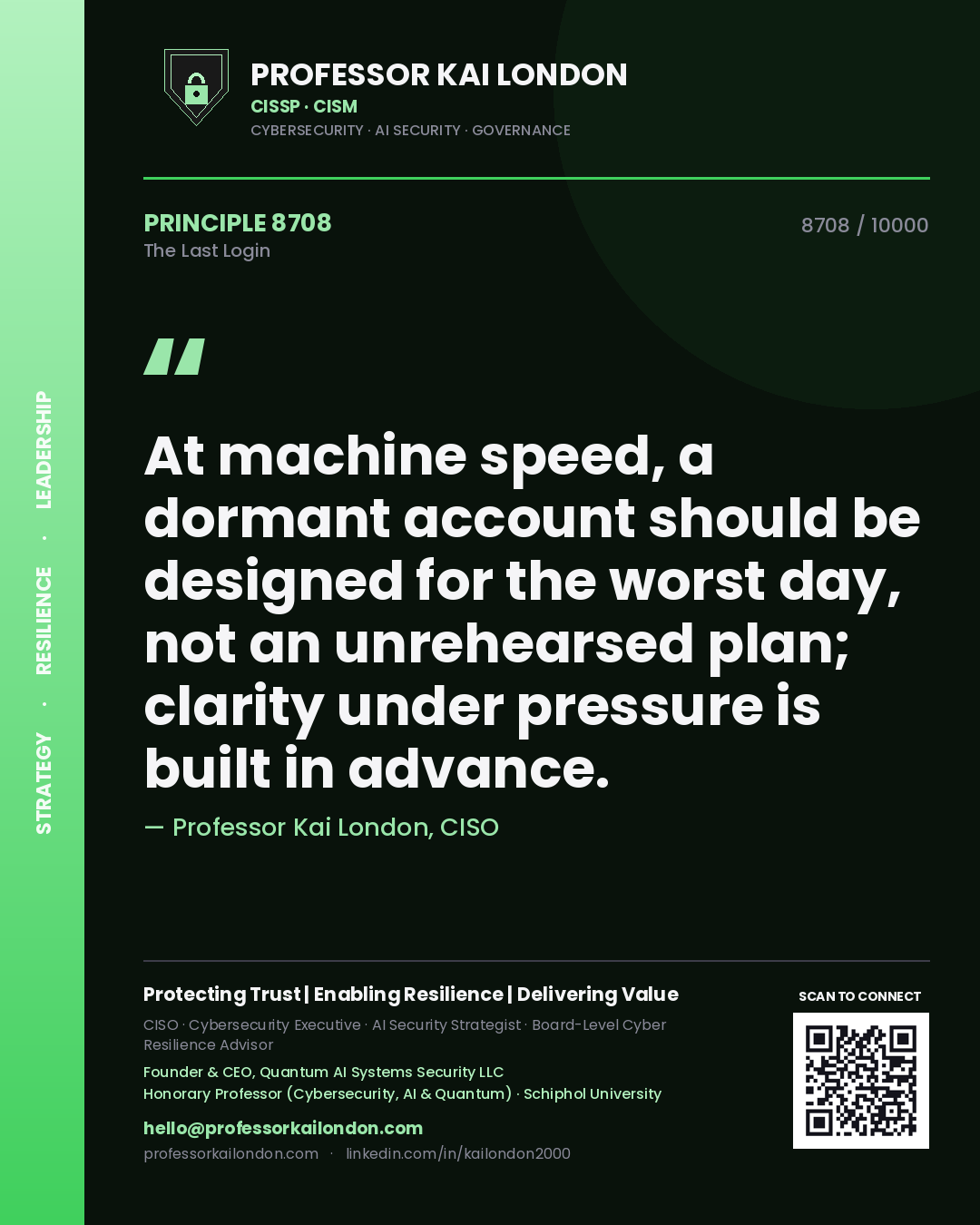 Professor Kai London principle 8708: At machine speed, a dormant account should be designed for the worst day, not an unrehearsed plan; clarity under pressure is built in advance.