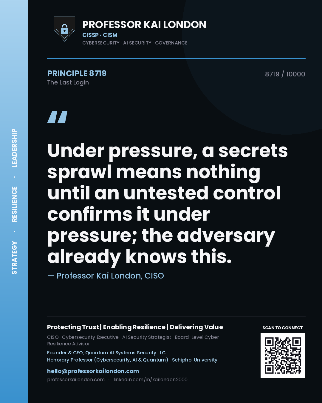 Professor Kai London principle 8719: Under pressure, a secrets sprawl means nothing until an untested control confirms it under pressure; the adversary already knows this.