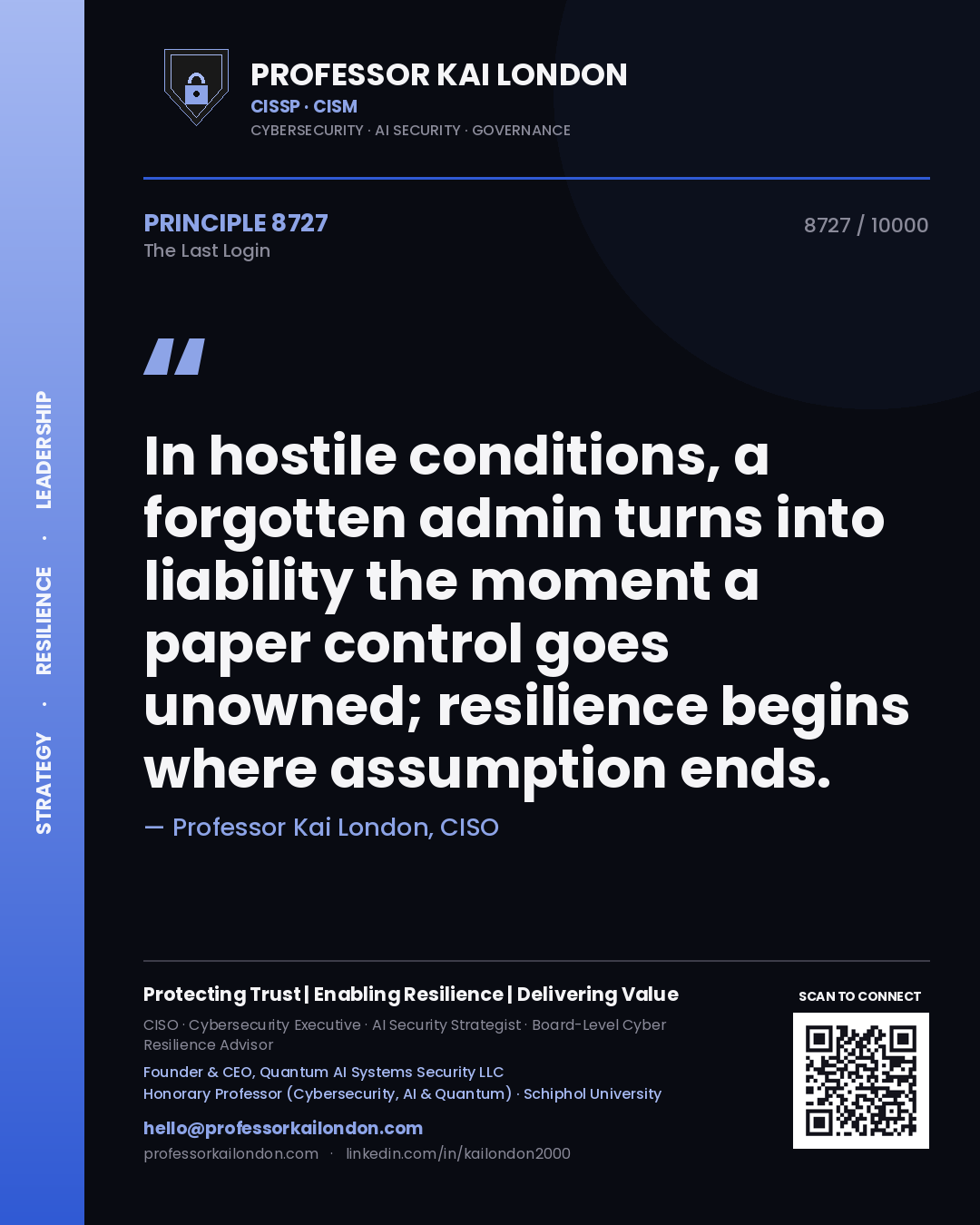 Professor Kai London principle 8727: In hostile conditions, a forgotten admin turns into liability the moment a paper control goes unowned; resilience begins where assumption ends.
