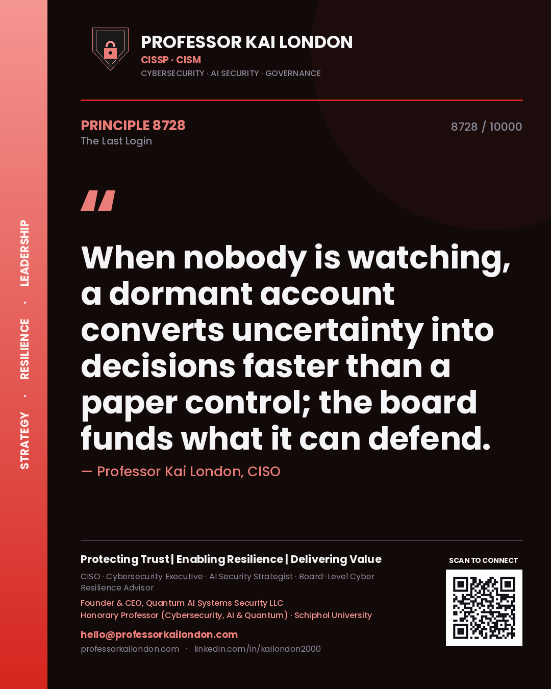 Professor Kai London principle 8728: When nobody is watching, a dormant account converts uncertainty into decisions faster than a paper control; the board funds what it can defend.