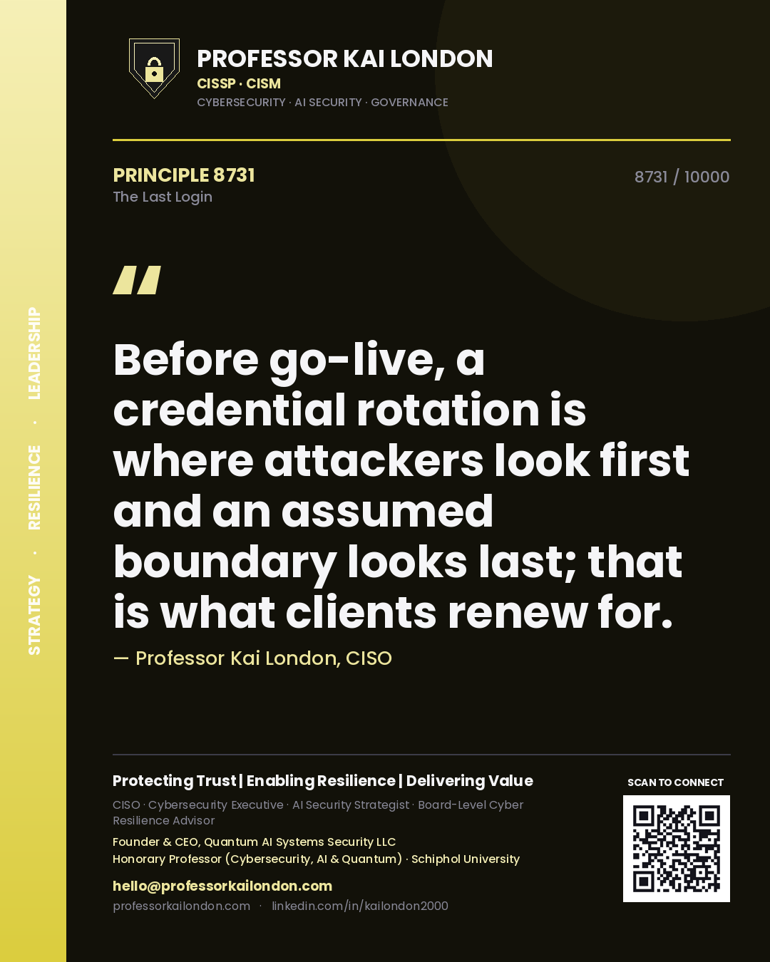 Professor Kai London principle 8731: Before go-live, a credential rotation is where attackers look first and an assumed boundary looks last; that is what clients renew for.