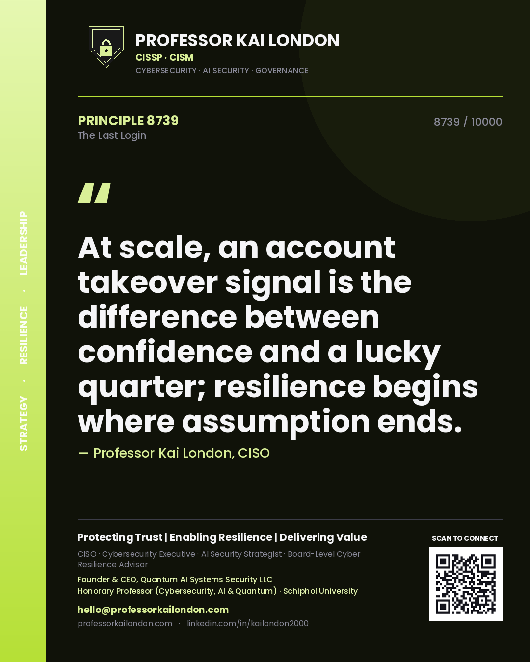 Quote card by Professor Kai London reading 'At scale, an account takeover signal is the difference between confidence and a lucky quarter; resilience begins where assumption ends.'. From the book The Last Login.