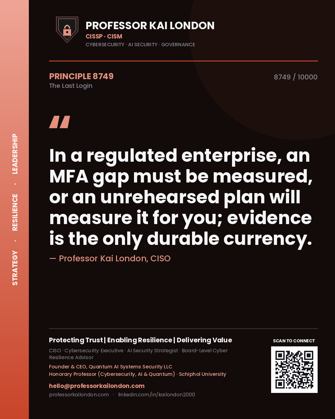 Professor Kai London principle 8749: In a regulated enterprise, an MFA gap must be measured, or an unrehearsed plan will measure it for you; evidence is the only durable currency.