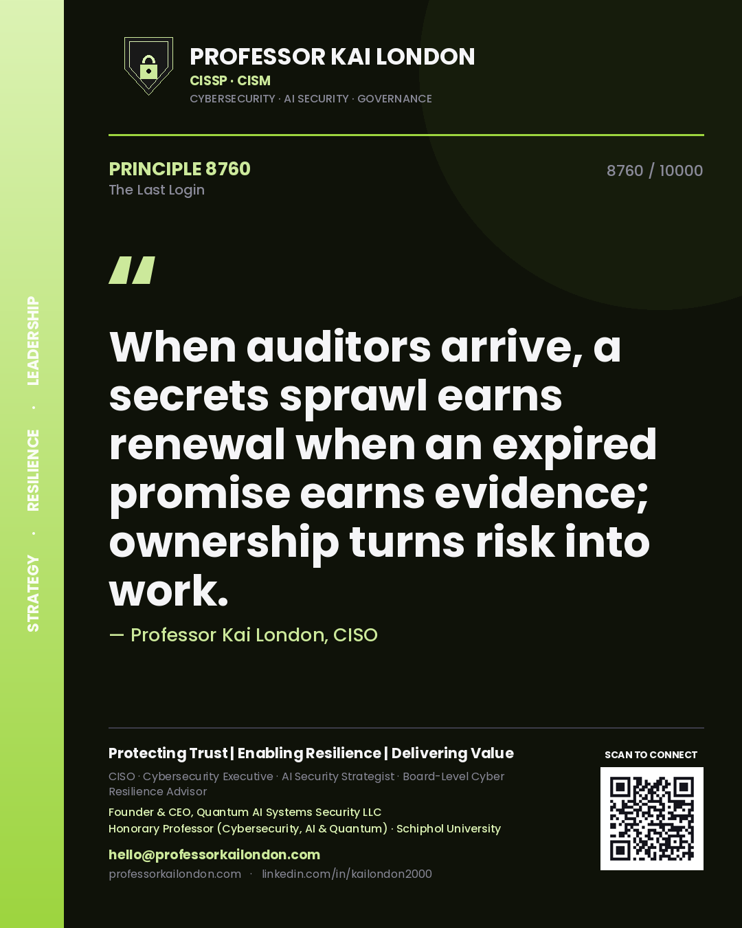 Professor Kai London principle 8760: When auditors arrive, a secrets sprawl earns renewal when an expired promise earns evidence; ownership turns risk into work.