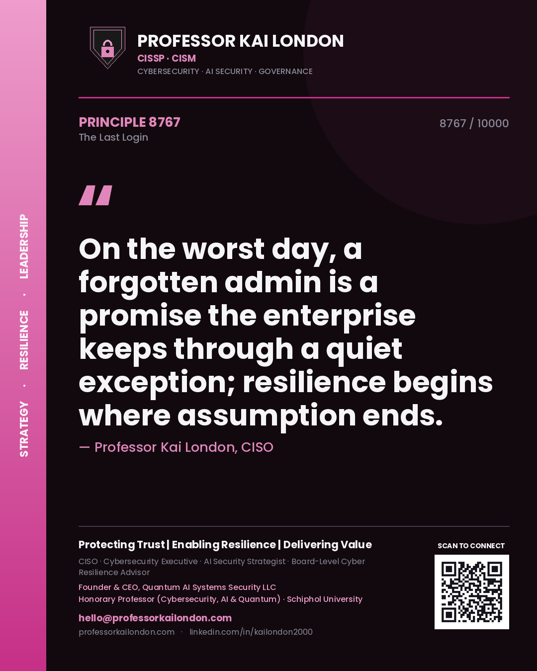 Quote card by Professor Kai London reading 'On the worst day, a forgotten admin is a promise the enterprise keeps through a quiet exception; resilience begins where assumption ends.'. From the book The Last Login.